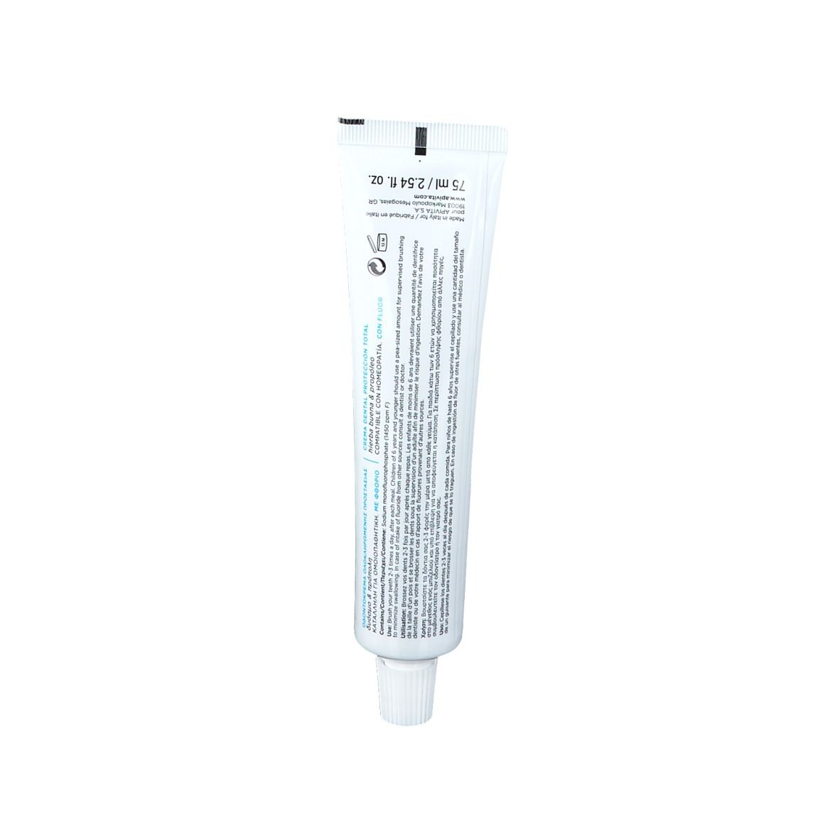 Rückseite einer weißen Zahncreme-Tube. Text in mehreren Sprachen. Enthält Informationen über Inhaltsstoffe und Anwendung.
