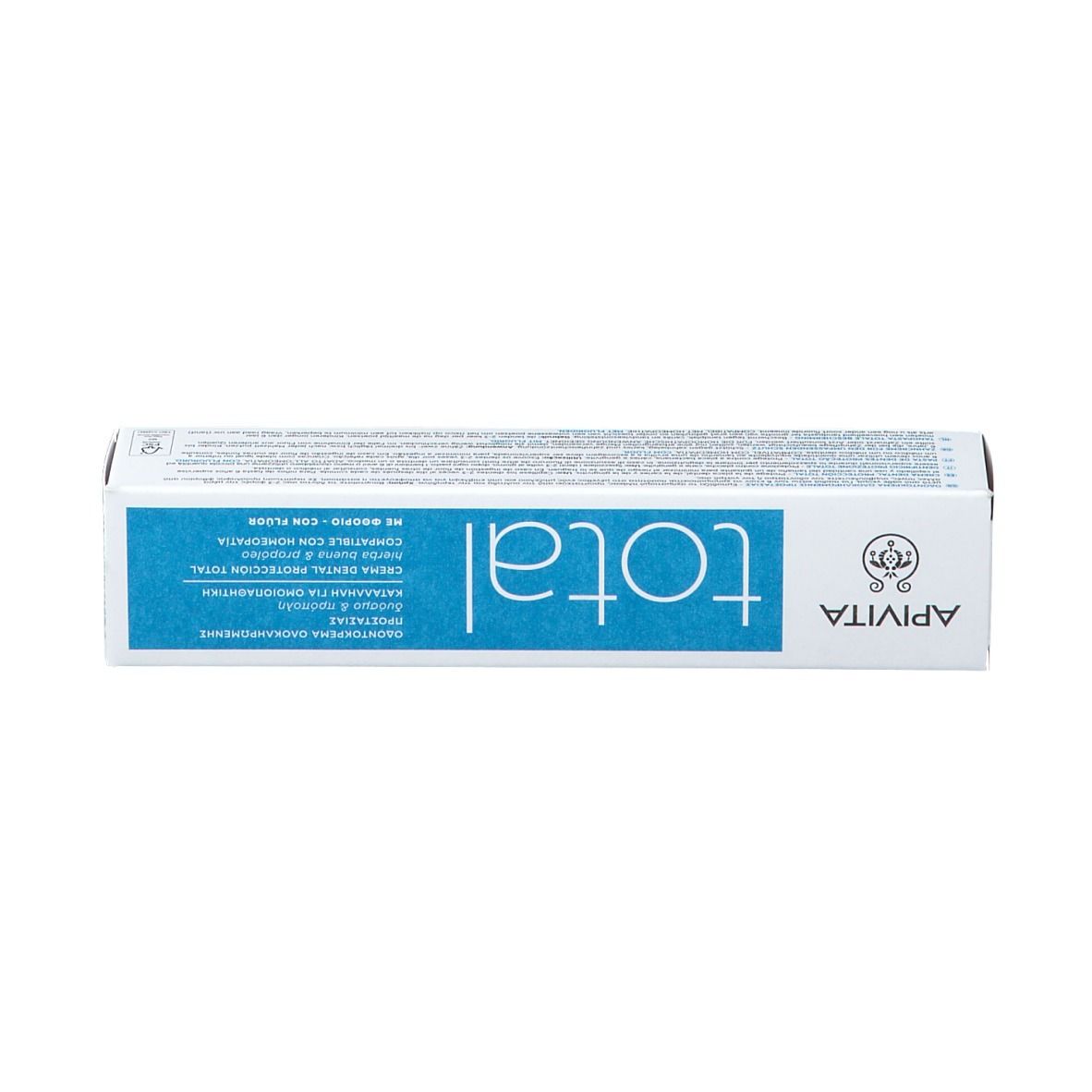 Weiße Schachtel mit blauem Streifen. Aufschrift "total" und "Apivita". Text in mehreren Sprachen. Enthält Zahncreme.