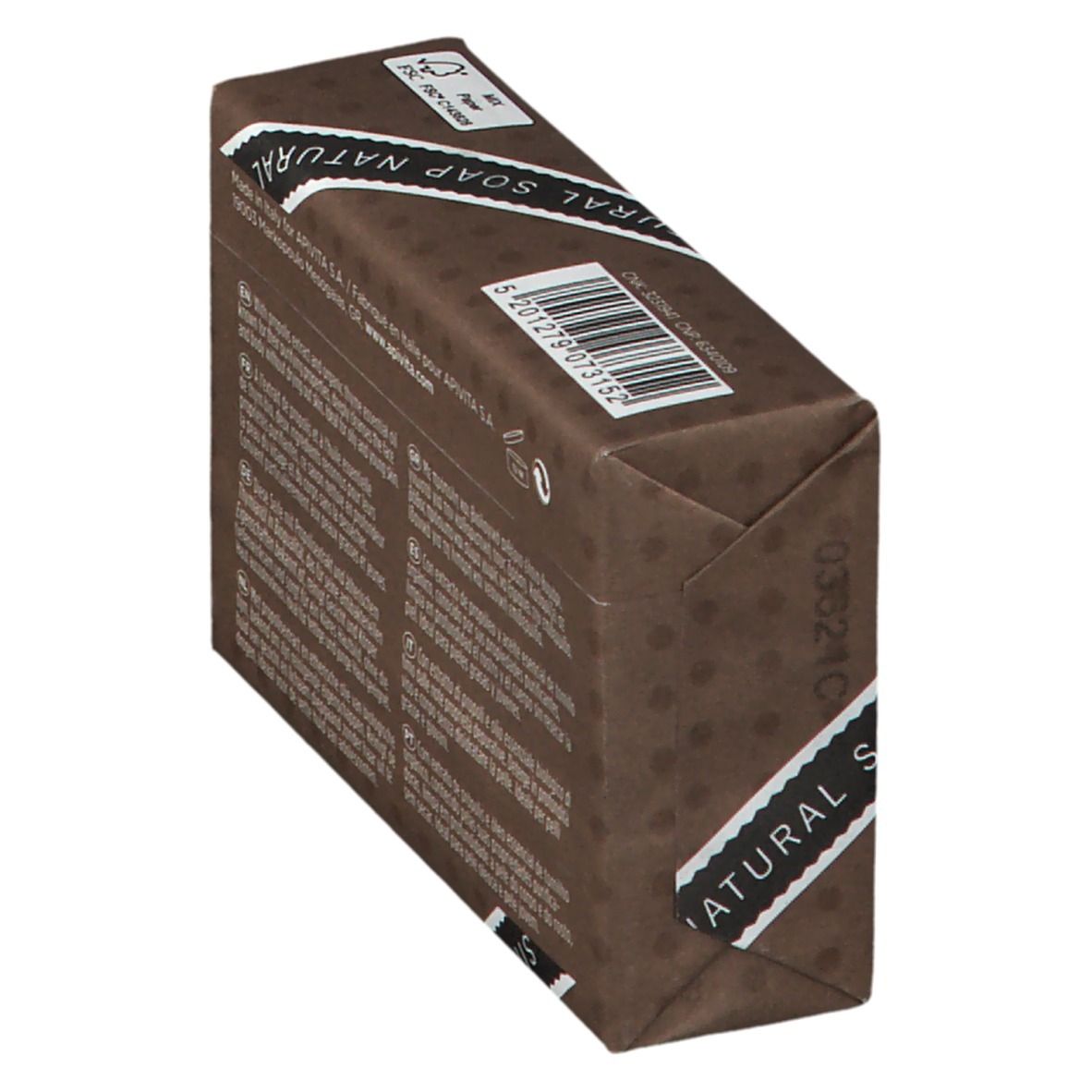 Braune Seifenverpackung mit Aufdruck 'NATURAL SOAP'.