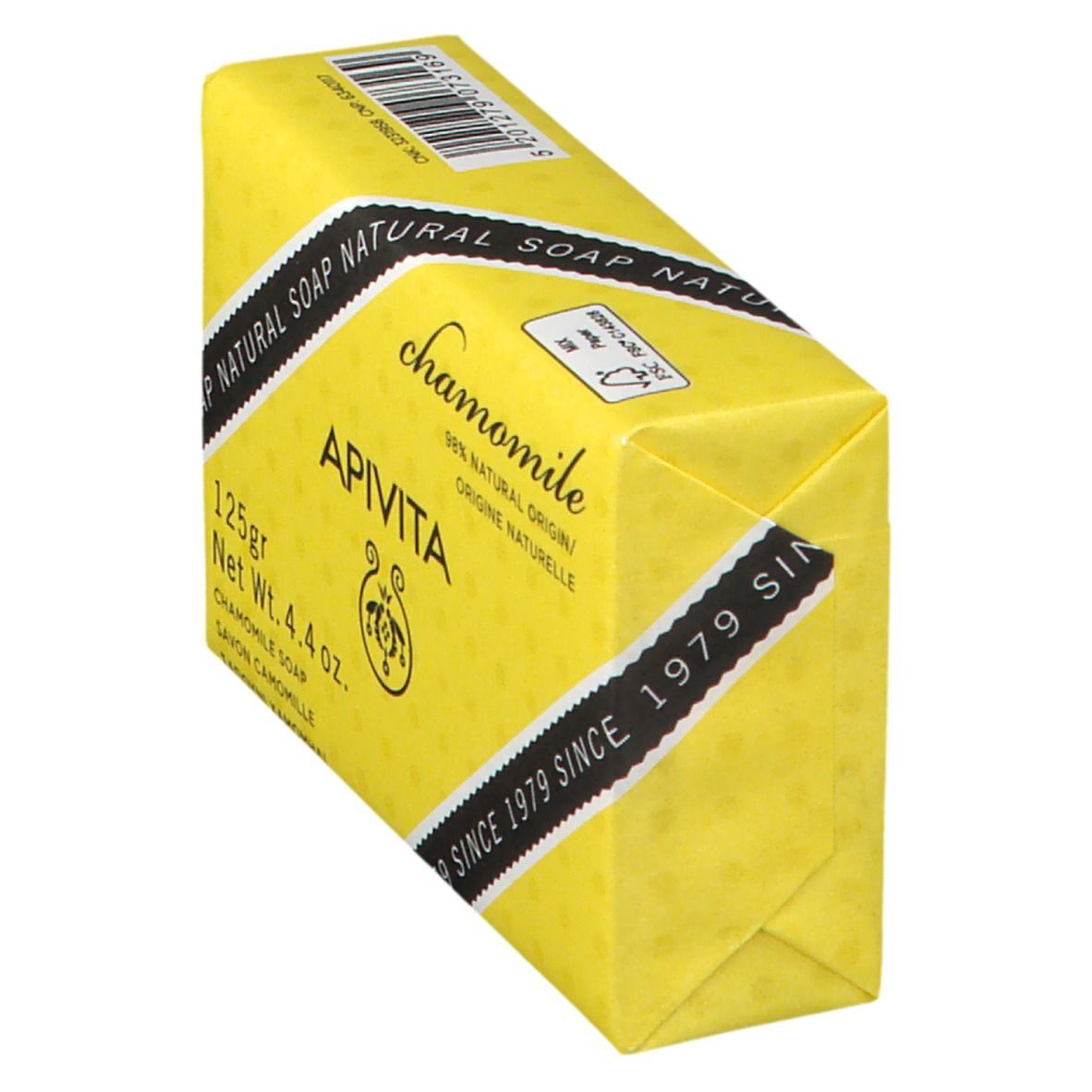 API VITA Chamomile Seife, 125g, 98% natürliche Herkunft, gelbe Verpackung.