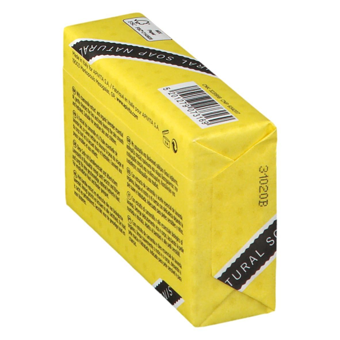 Naturseife in gelber Verpackung mit Aufdruck.