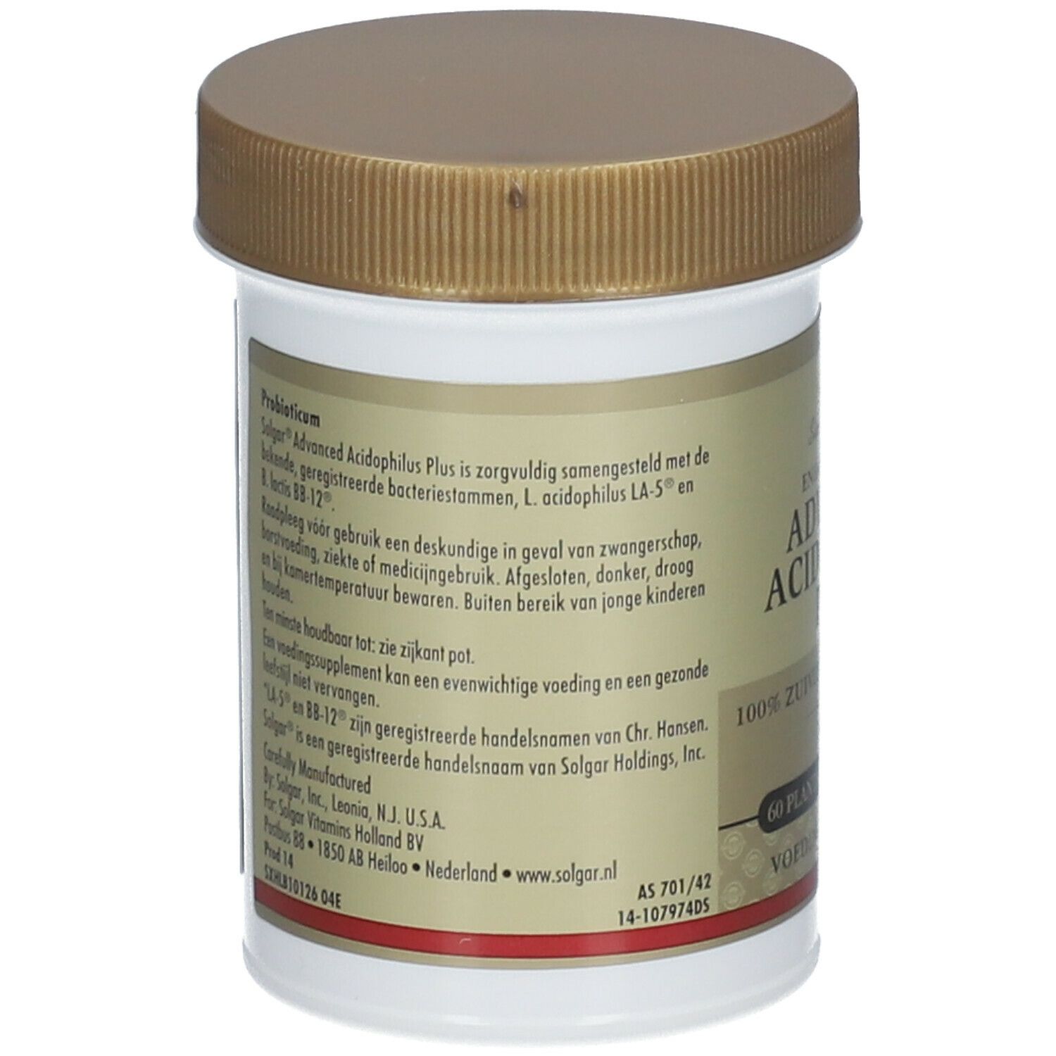 Dos de la boîte Solgar® Advanced Acidophilus Plus. Informations textuelles et étiquette.