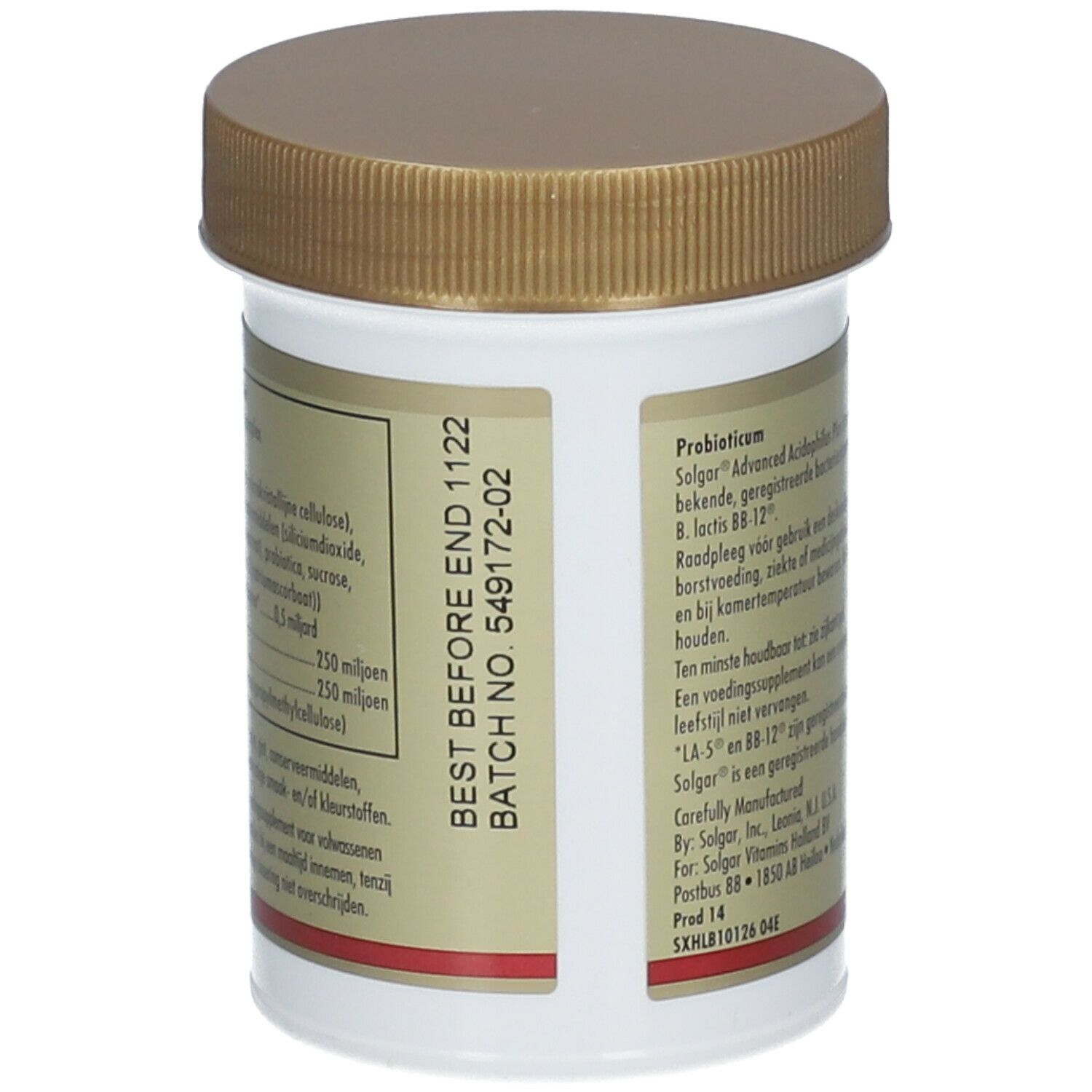 Dos de la boîte Solgar® Advanced Acidophilus Plus. Informations textuelles et étiquette.