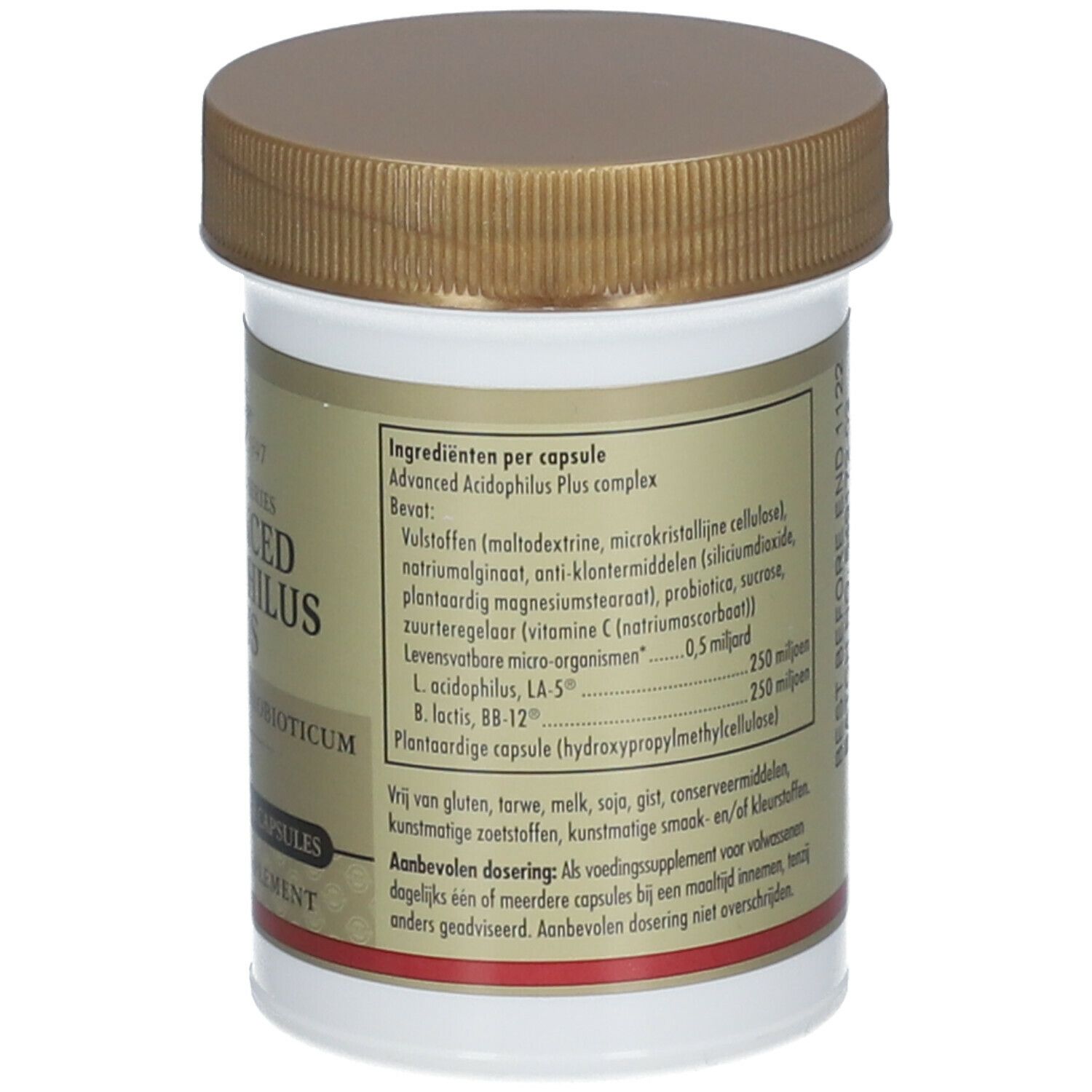 Dos de la boîte Solgar® Advanced Acidophilus Plus. Informations textuelles et étiquette.