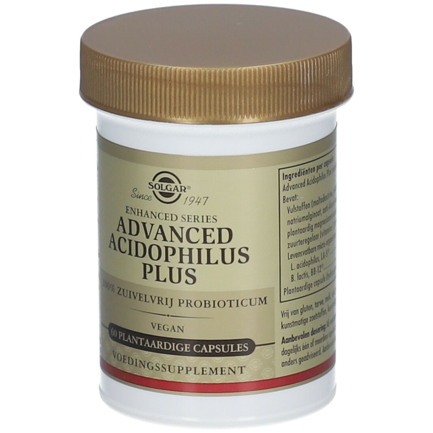 Solgar® Advanced Acidophilus Plus. Pot blanc, couvercle marron. Inscription: 60 gélules végétales.