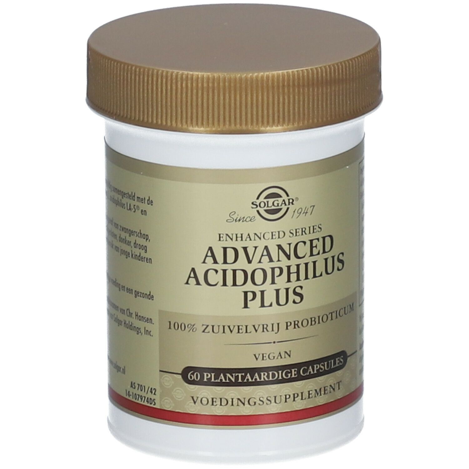 Solgar® Advanced Acidophilus Plus. Pot blanc, couvercle marron. Inscription: 60 gélules végétales.