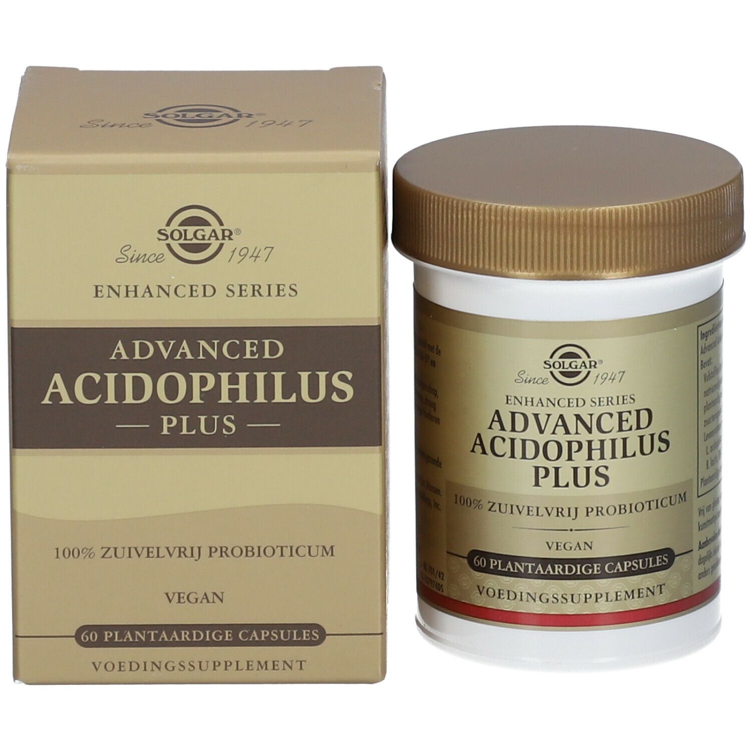 Boîte et pot Solgar® Advanced Acidophilus Plus. Pot avec couvercle marron, boîte avec inscription.