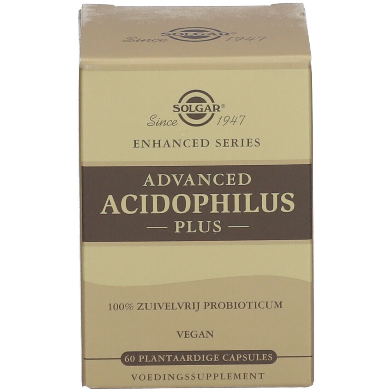 Boîte Solgar® Advanced Acidophilus Plus. Boîte beige avec inscription et logo.