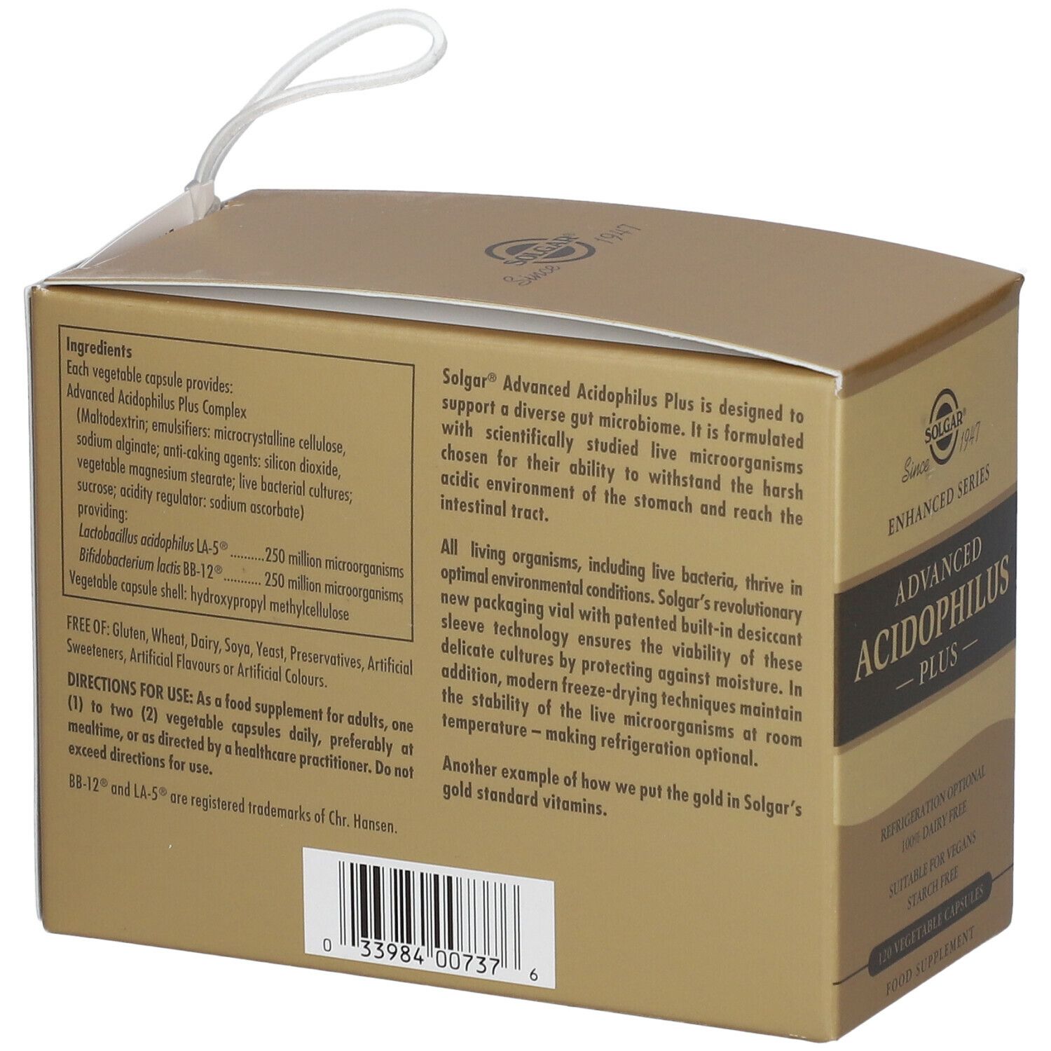 Dos de la boîte Solgar® Advanced Acidophilus Plus. Liste des ingrédients et informations sur le produit.