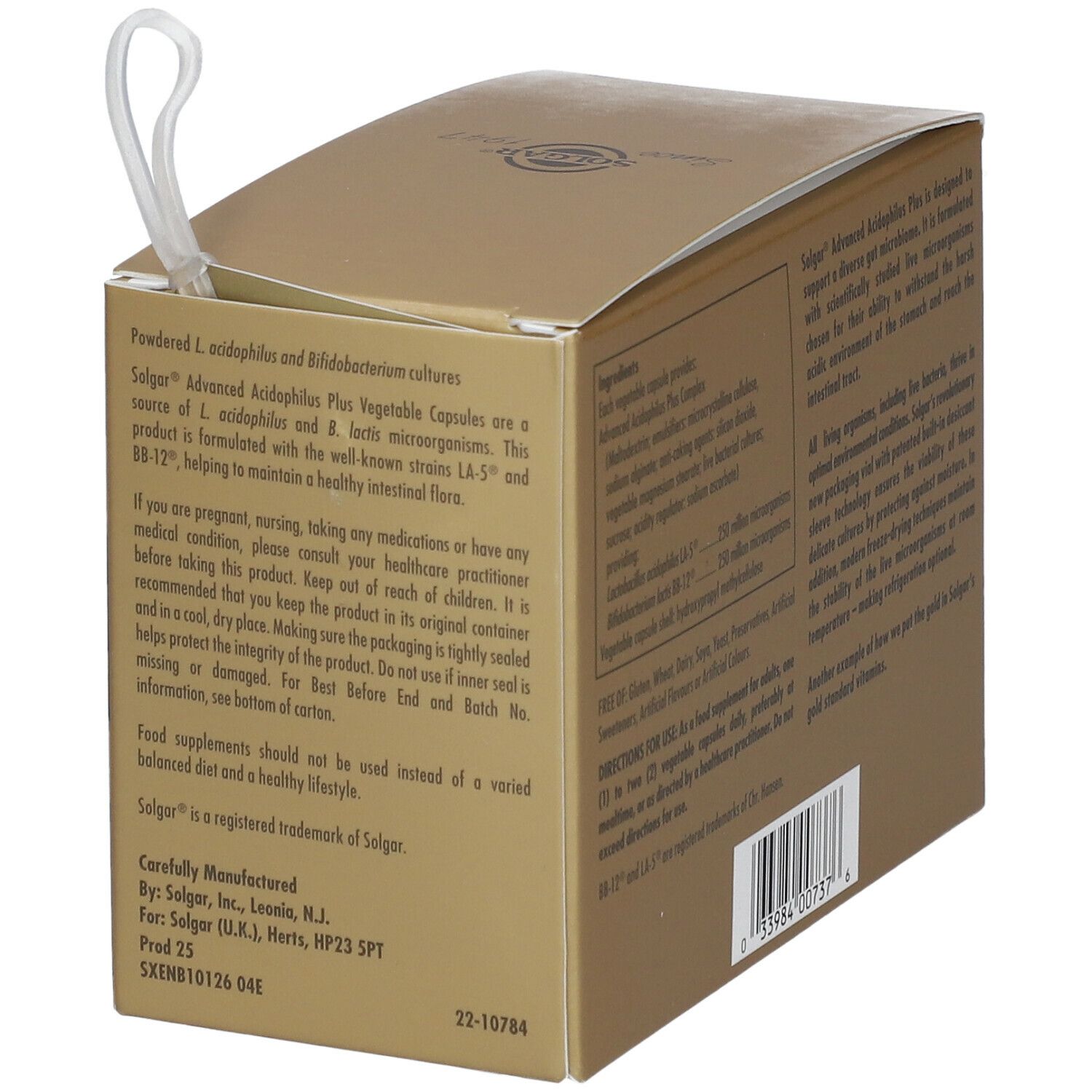 Dos de la boîte Solgar® Advanced Acidophilus Plus. Texte avec informations sur le produit et fabricant.