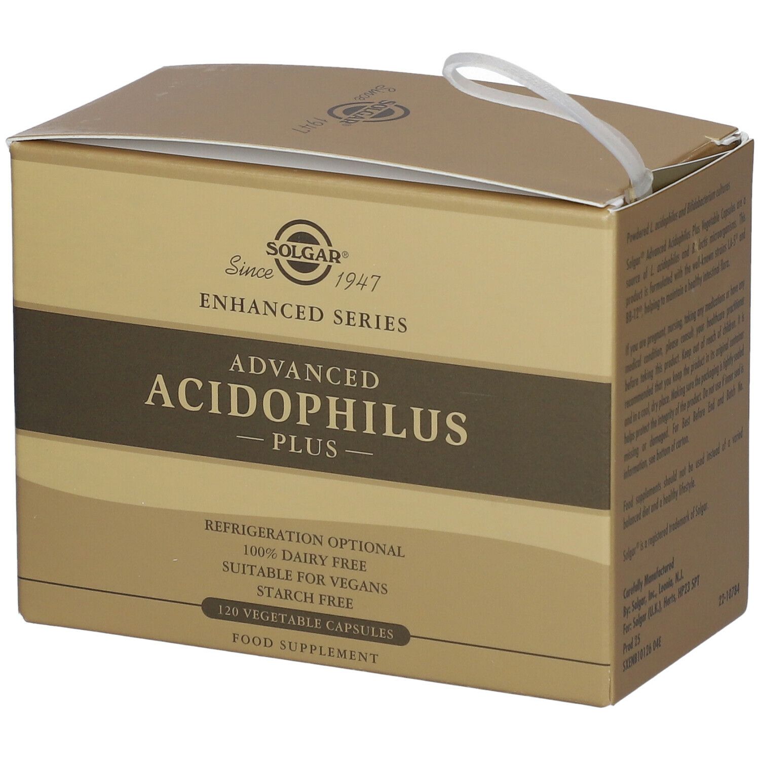Boîte Solgar® Advanced Acidophilus Plus. Carton doré avec nom et logo du produit. 120 gélules.
