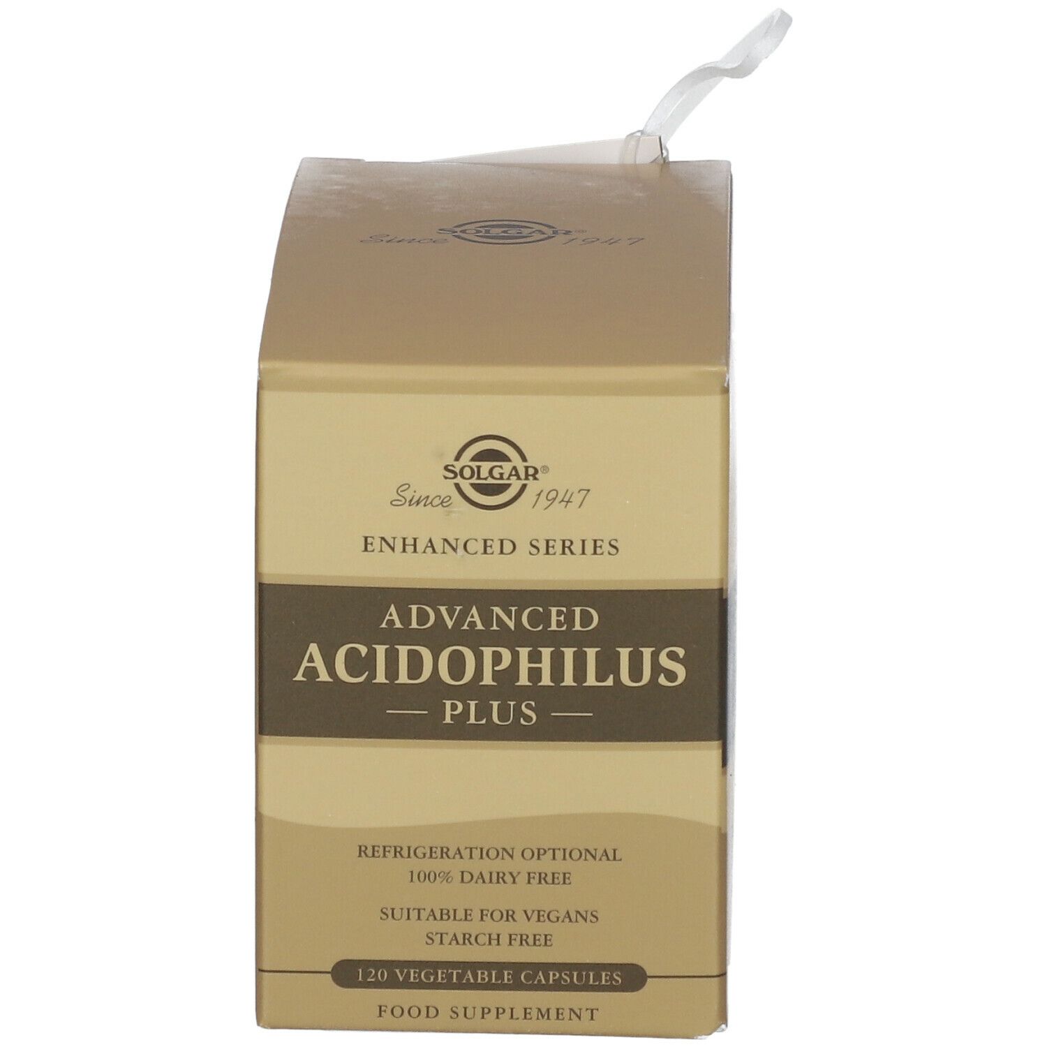 Boîte Solgar® Advanced Acidophilus Plus. Carton doré avec nom et logo du produit. 120 gélules.