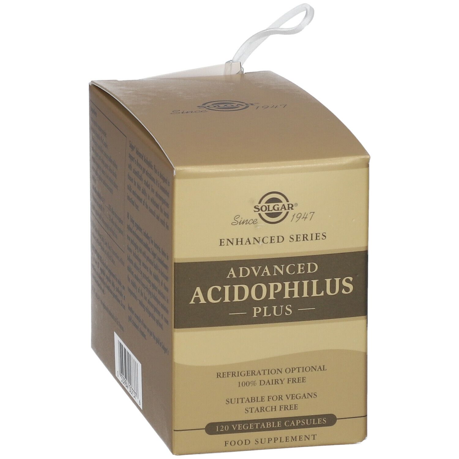 Boîte Solgar® Advanced Acidophilus Plus. Carton doré avec nom et logo du produit. 120 gélules.