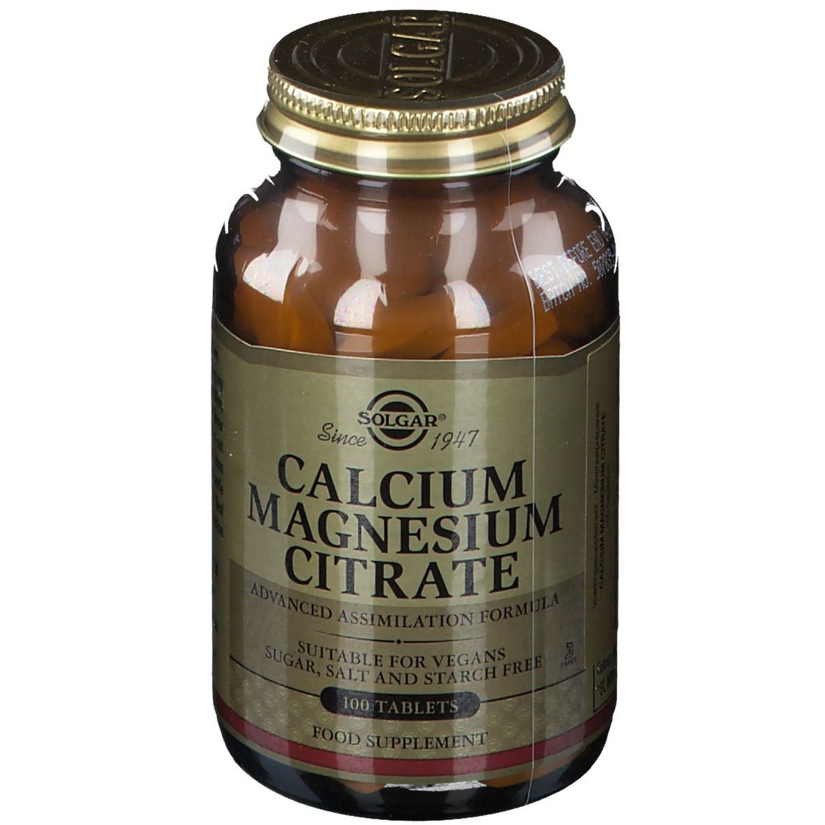 Flacon en verre brun avec couvercle doré. Étiquette avec "Calcium Magnesium Citrate" et "100 comprimés". Marque : Solgar.