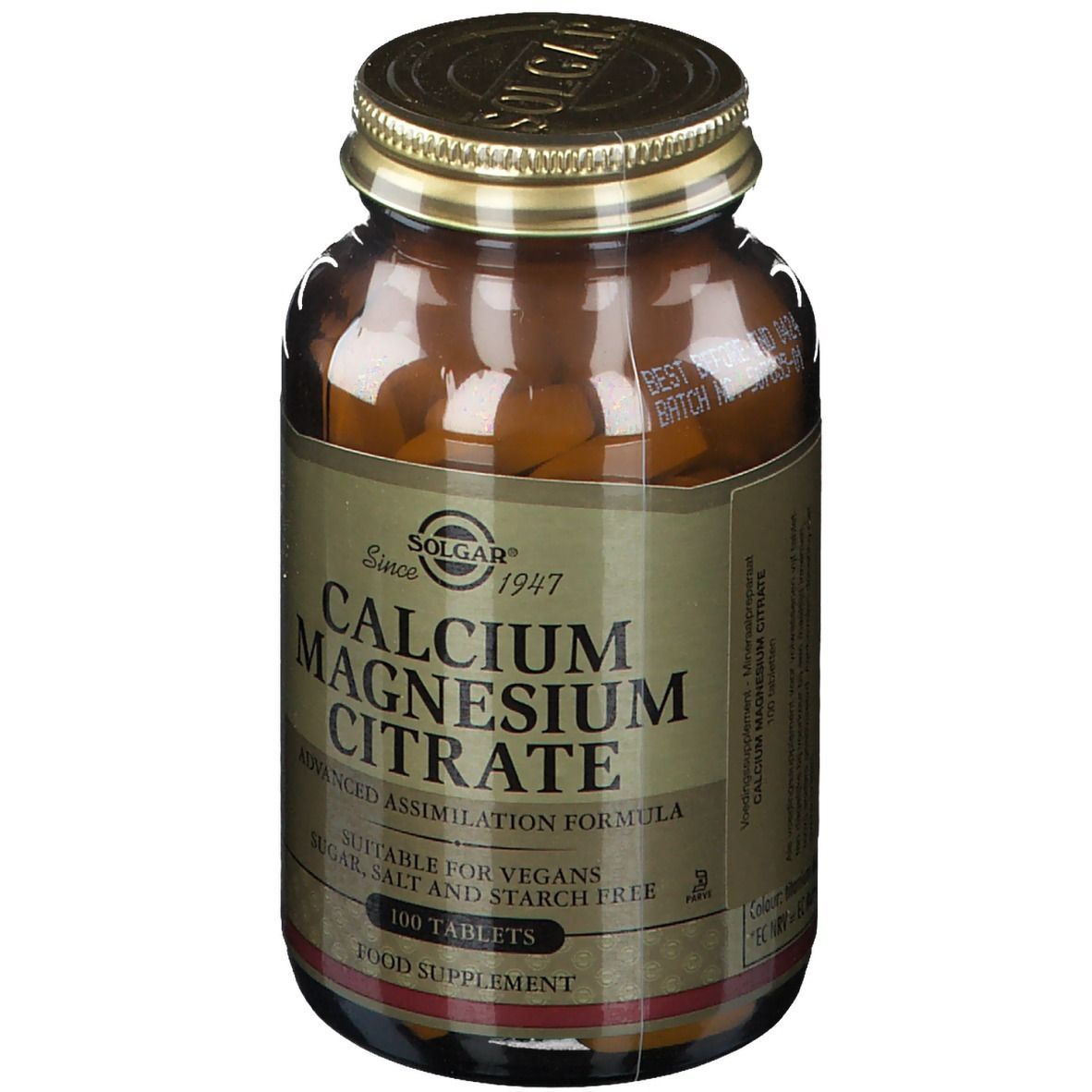 Flacon en verre brun avec couvercle doré. Étiquette avec "Calcium Magnesium Citrate" et "100 comprimés". Marque : Solgar.