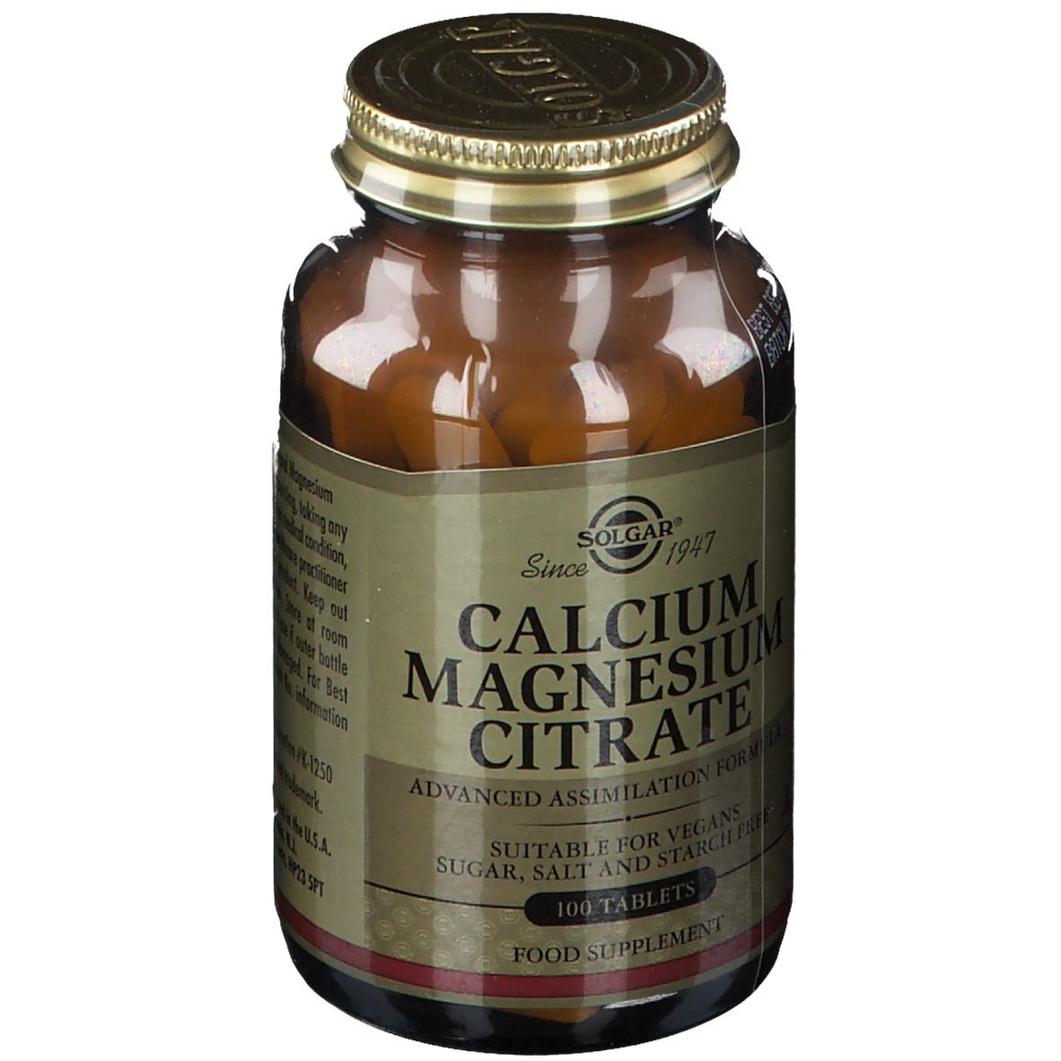 Flacon en verre brun avec couvercle doré. Étiquette avec "Calcium Magnesium Citrate" et "100 comprimés". Marque : Solgar.