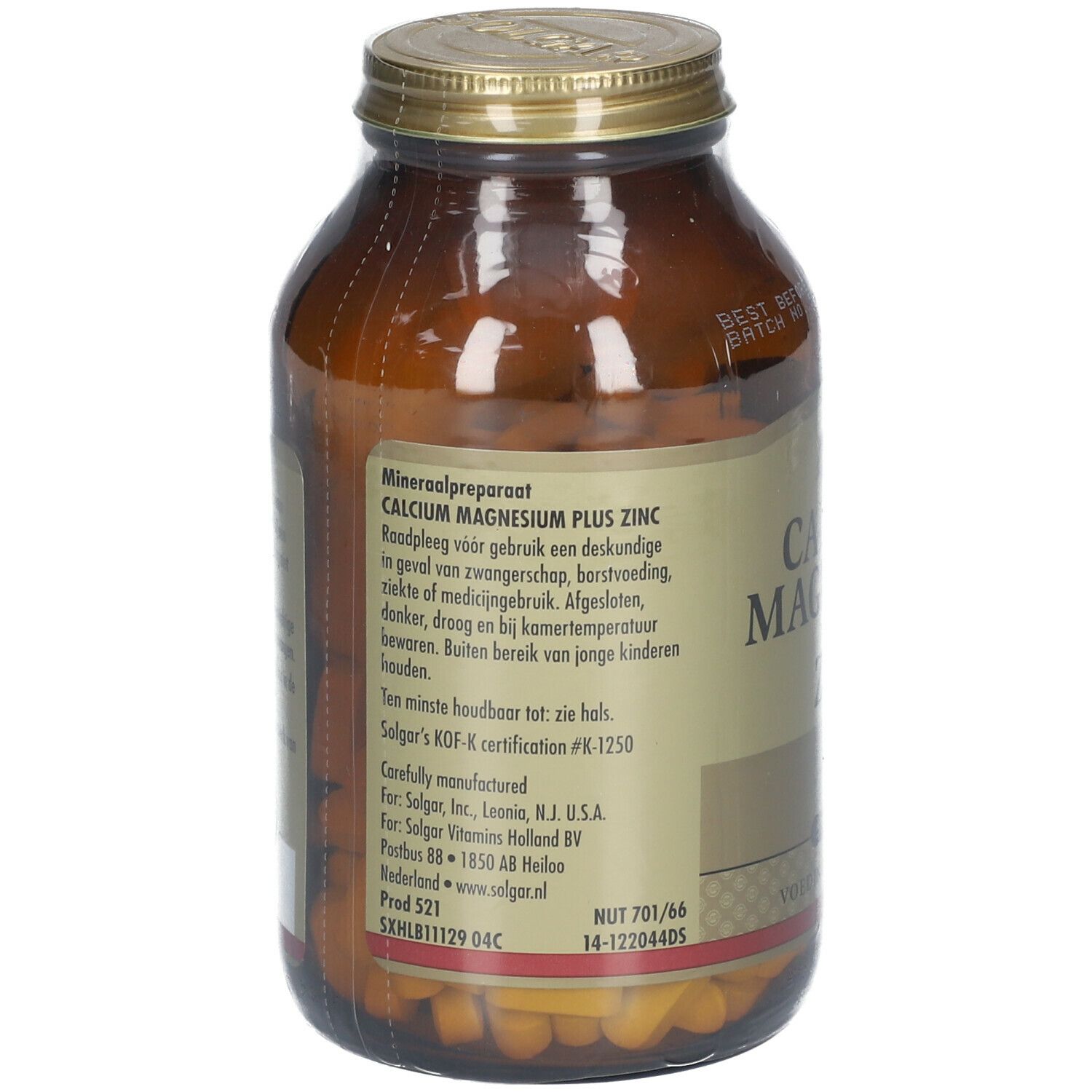 Dos d'un flacon en verre brun. Étiquette avec informations sur le produit. Texte en néerlandais. Couvercle doré.