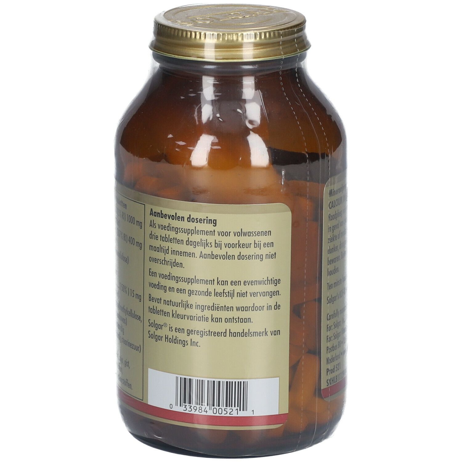 Dos d'un flacon en verre brun. Étiquette avec recommandations de dosage. Texte en néerlandais. Couvercle doré.