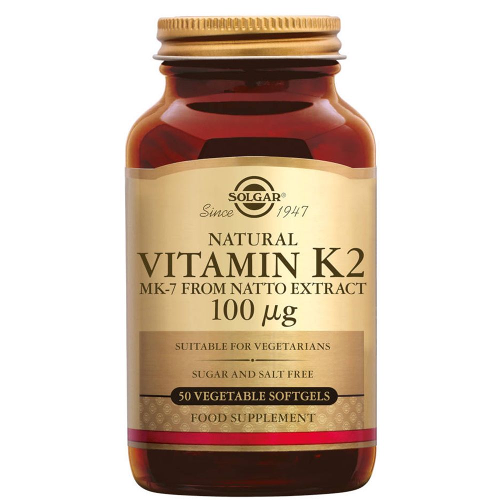 Flacon en verre brun avec couvercle doré. Étiquette avec informations produit : Vitamine K2, 100 µg, 50 gélules.