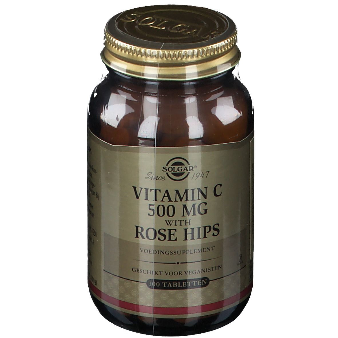 Bruine glazen fles met gouden dop. Opschrift: Solgar Vitamine C 500 mg met rozenbottel. 100 tabletten.
