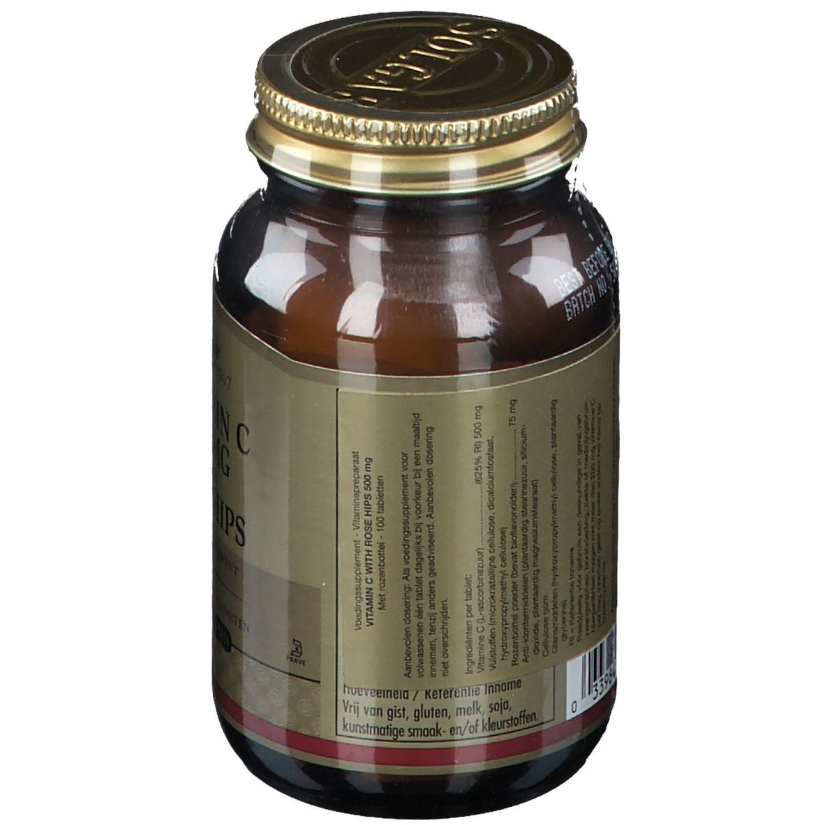 Achterkant van een bruine glazen fles met gouden dop. Tekstinformatie en barcode.
