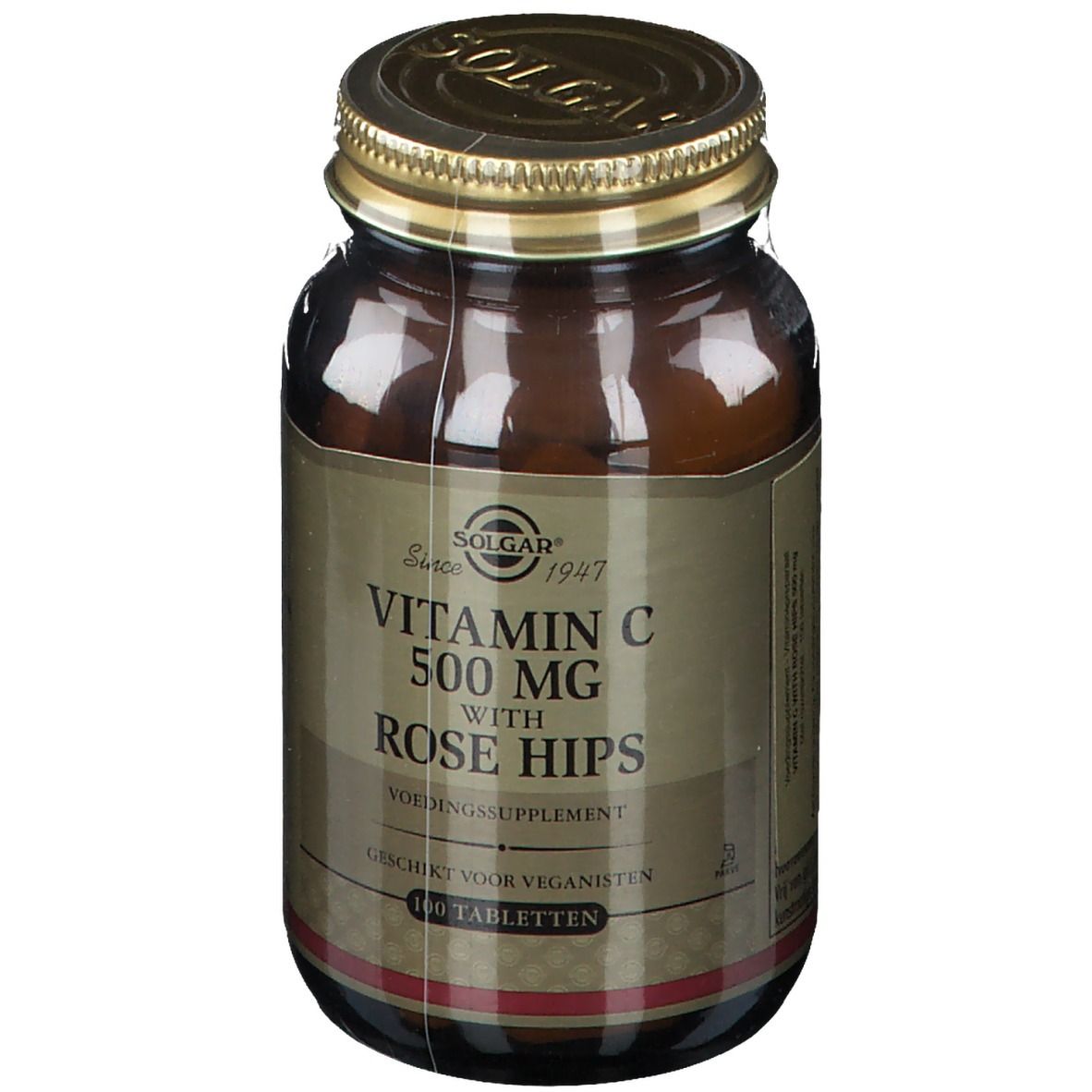 Bruine glazen fles met gouden dop. Opschrift: Solgar Vitamine C 500 mg met rozenbottel. 100 tabletten.