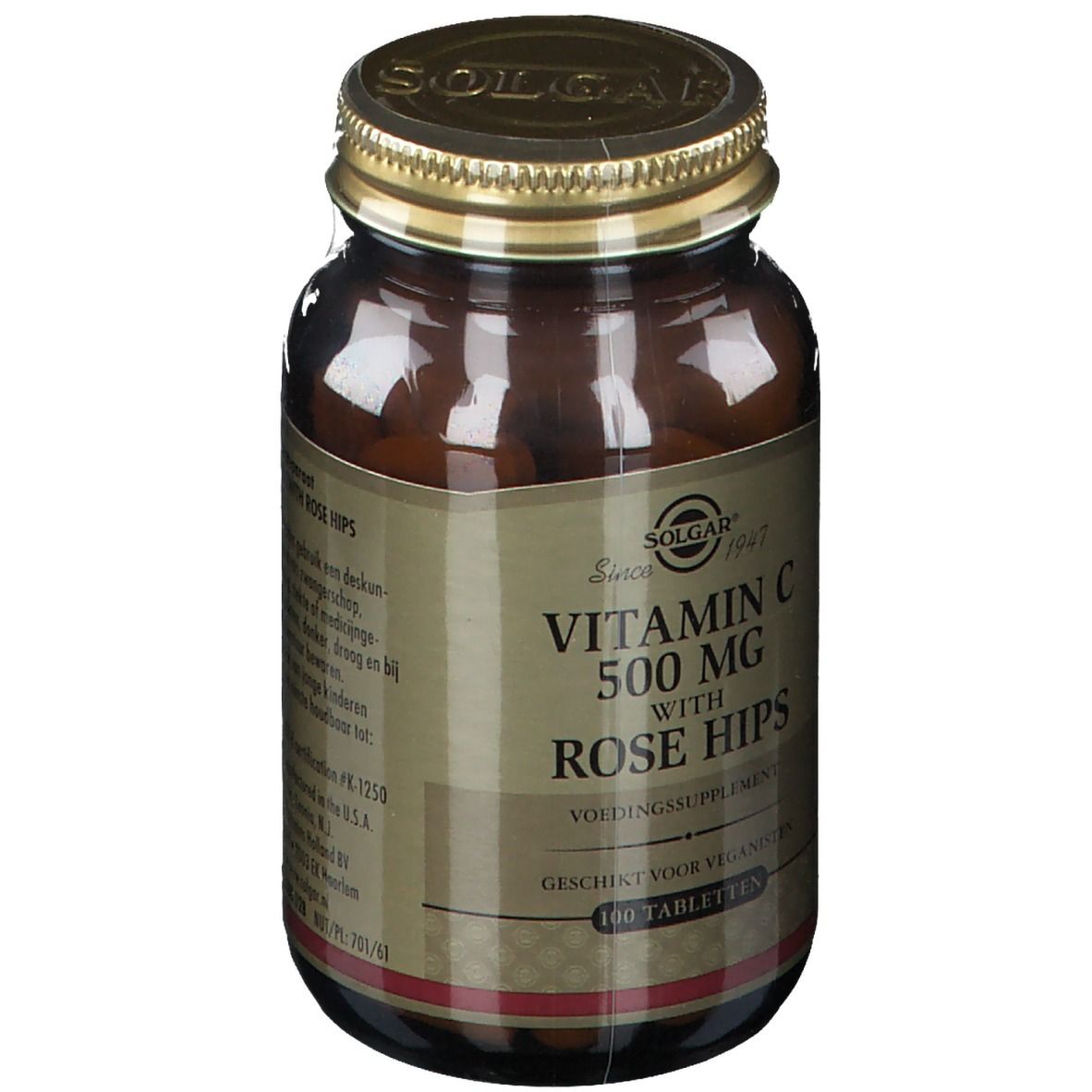 Bruine glazen fles met gouden dop. Opschrift: Solgar Vitamine C 500 mg met rozenbottel. 100 tabletten.