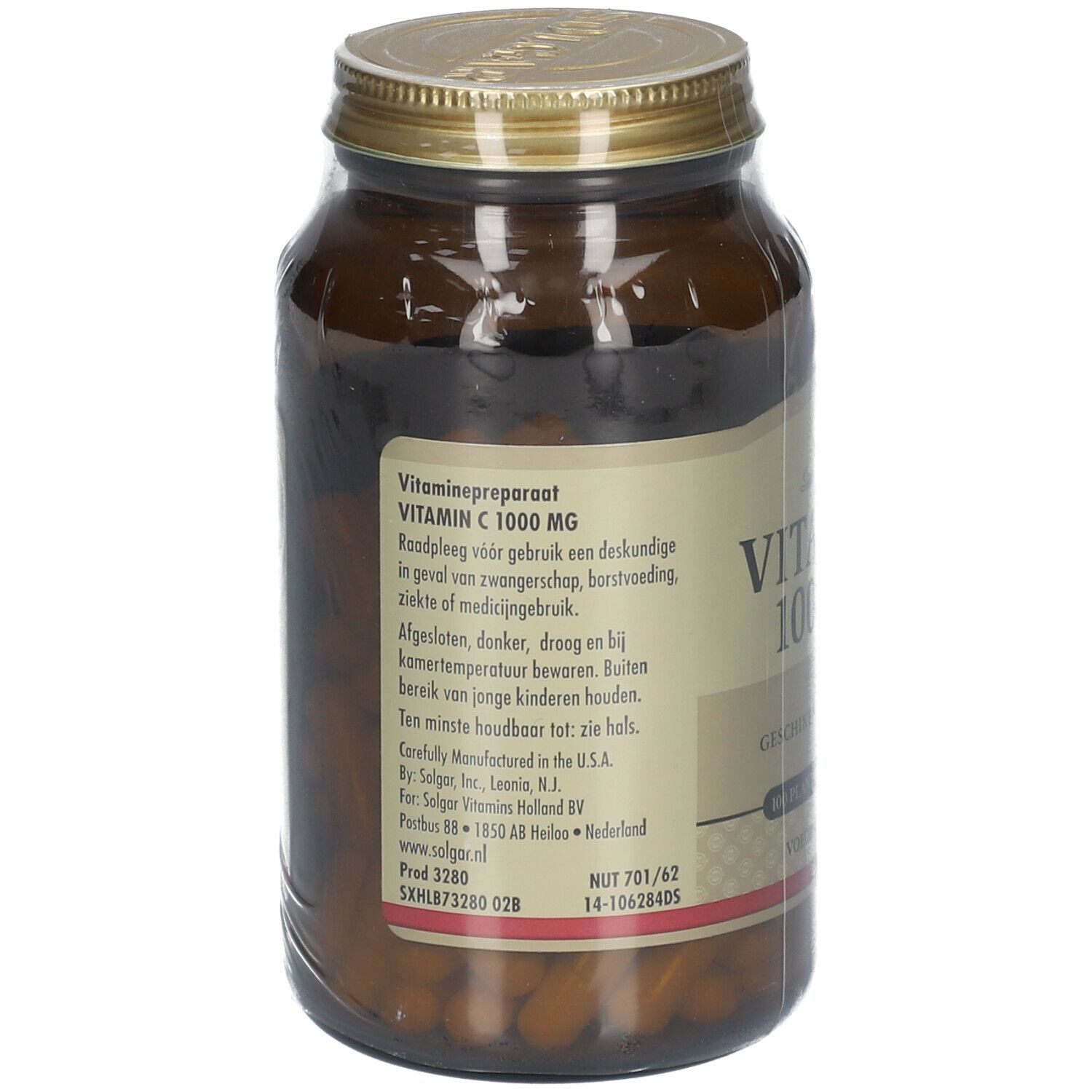 Achterkant van de bruine glazen fles. Etiket met informatie. Opschrift: Vitamine C 1000 mg. Waarschuwingen.