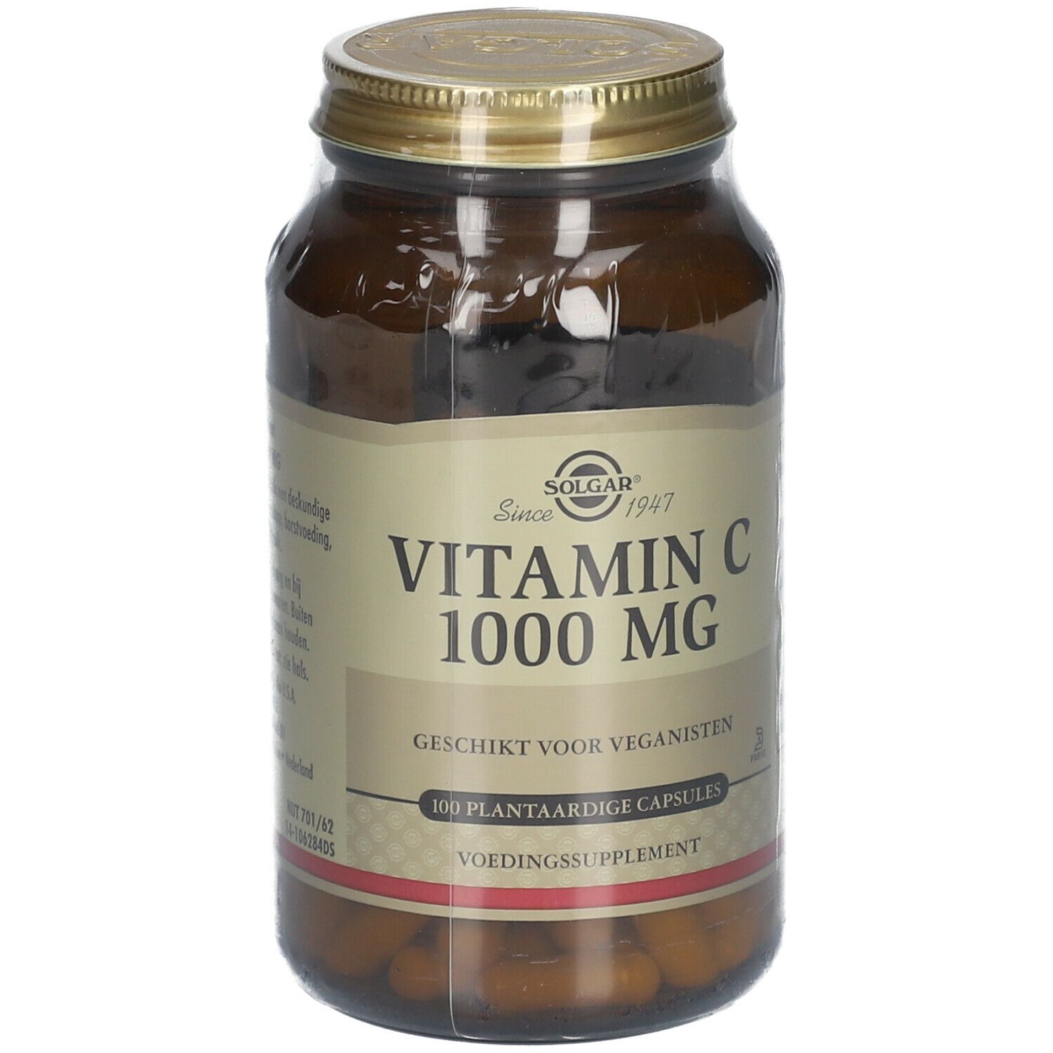 Bruine glazen fles met gouden deksel. Opschrift: Vitamine C 1000 MG. Geschikt voor veganisten. 100 plantaardige capsules.