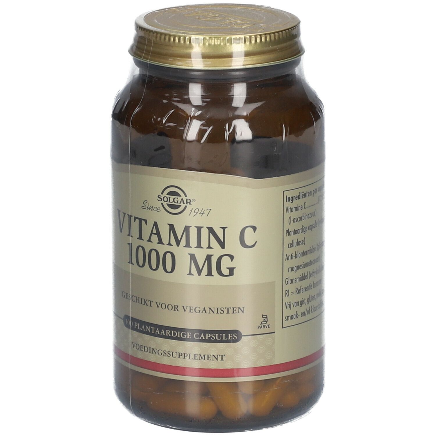 Bruine glazen fles met gouden deksel. Opschrift: Vitamine C 1000 MG. Geschikt voor veganisten. 100 plantaardige capsules.