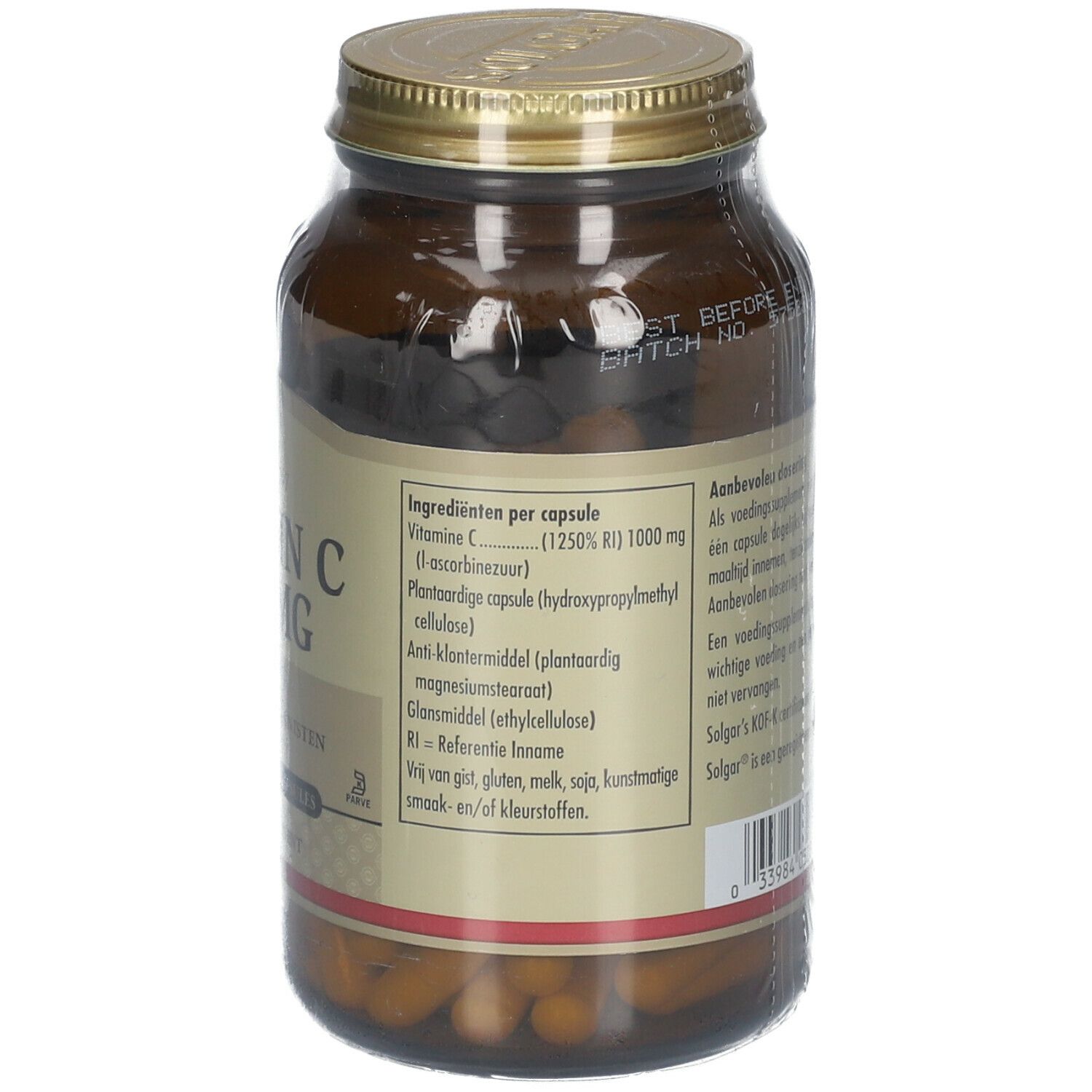 Achterkant van de bruine glazen fles. Etiket met ingrediënten. Opschrift: Vitamine C 1000 mg. Ingrediënten per capsule.