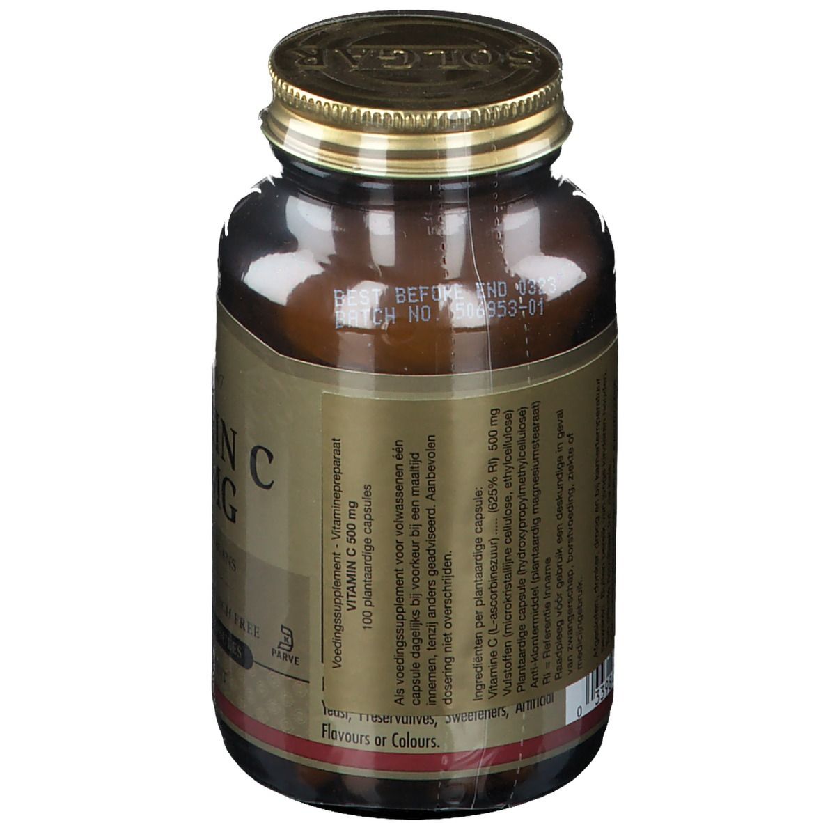 Dos du flacon en verre brun SOLGAR Vitamine C 500 mg. Texte en néerlandais. Date de péremption et numéro de lot.