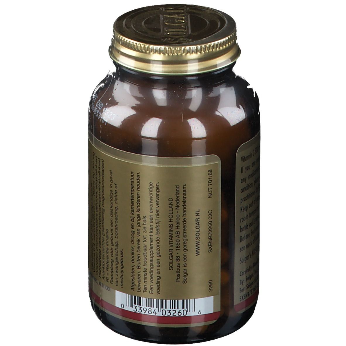 Dos du flacon en verre brun SOLGAR Vitamine C 500 mg. Texte en néerlandais. Informations du fabricant.