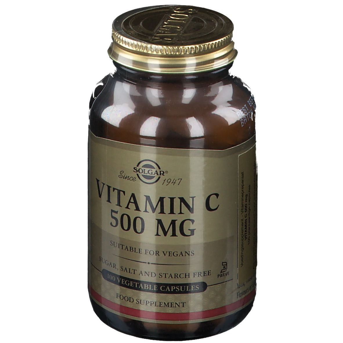 Flacon en verre brun SOLGAR Vitamine C 500 mg. Bouchon doré. Inscription : "SUITABLE FOR VEGANS".
