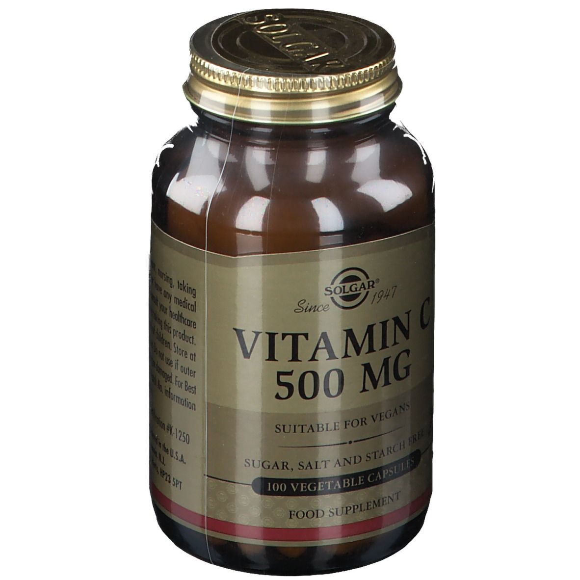 Flacon en verre brun SOLGAR Vitamine C 500 mg. Bouchon doré. Inscription : "SUITABLE FOR VEGANS".