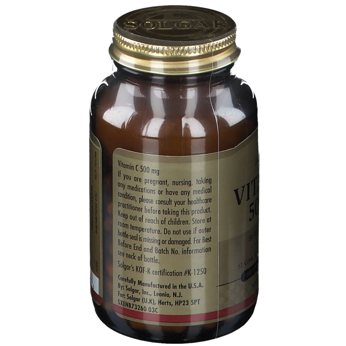 Dos du flacon en verre brun SOLGAR Vitamine C 500 mg. Texte en anglais. Certification KOF-K.