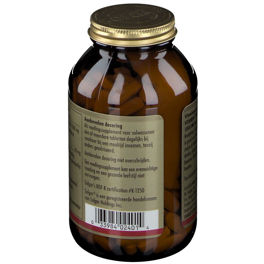 Dos du flacon en verre brun. Étiquette avec recommandations de dosage et certification. Couvercle doré.