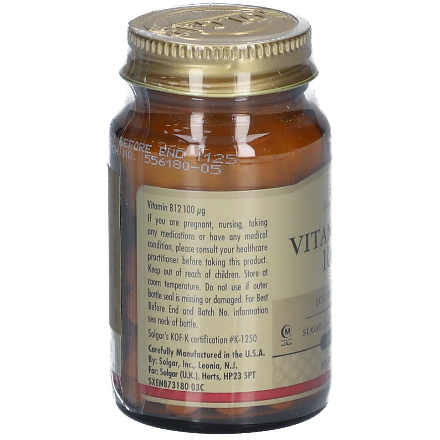 Vue arrière d'un flacon en verre brun avec couvercle doré. Étiquette avec informations sur la vitamine B12 100 µg et le fabricant.