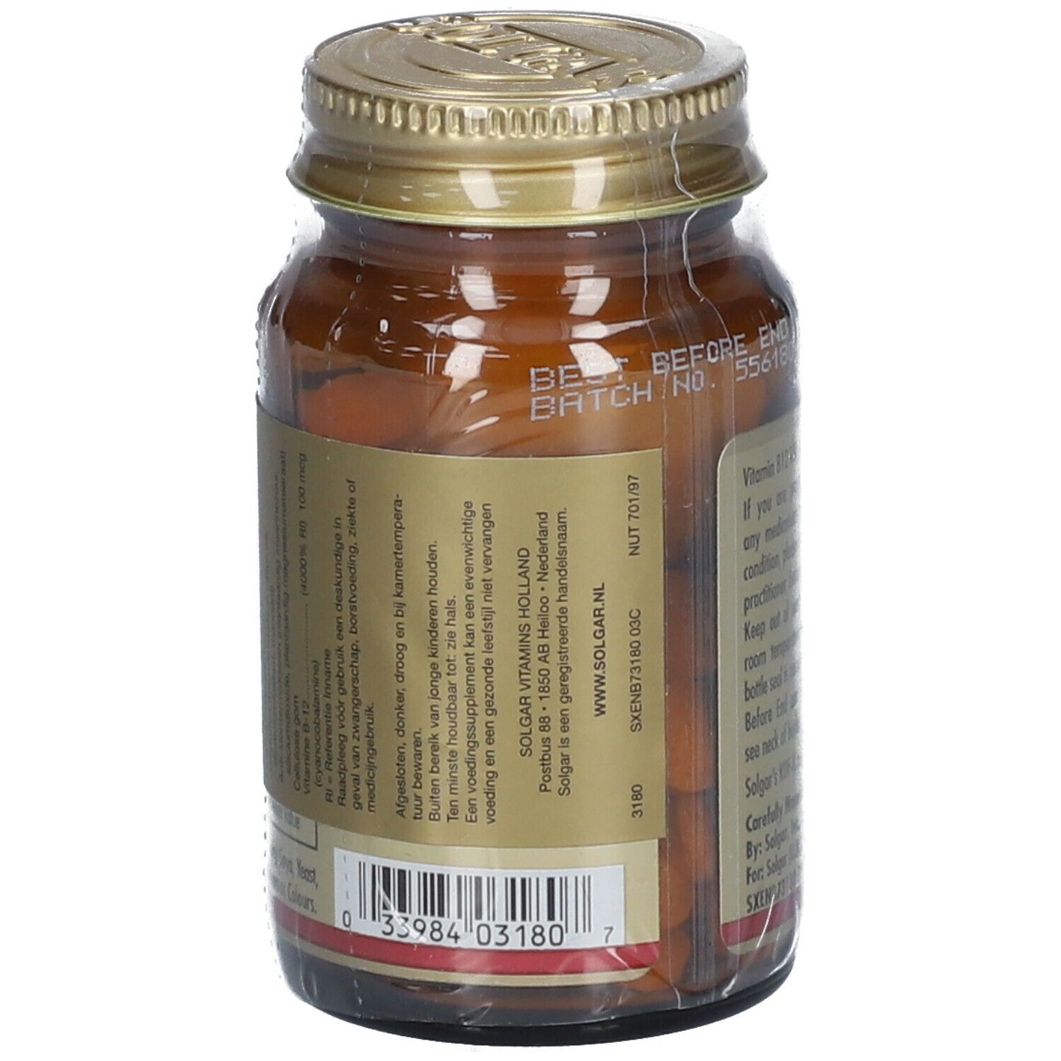 Vue arrière d'un flacon en verre brun avec couvercle doré. Étiquette avec informations sur la vitamine B12 100 µg et le fabricant.