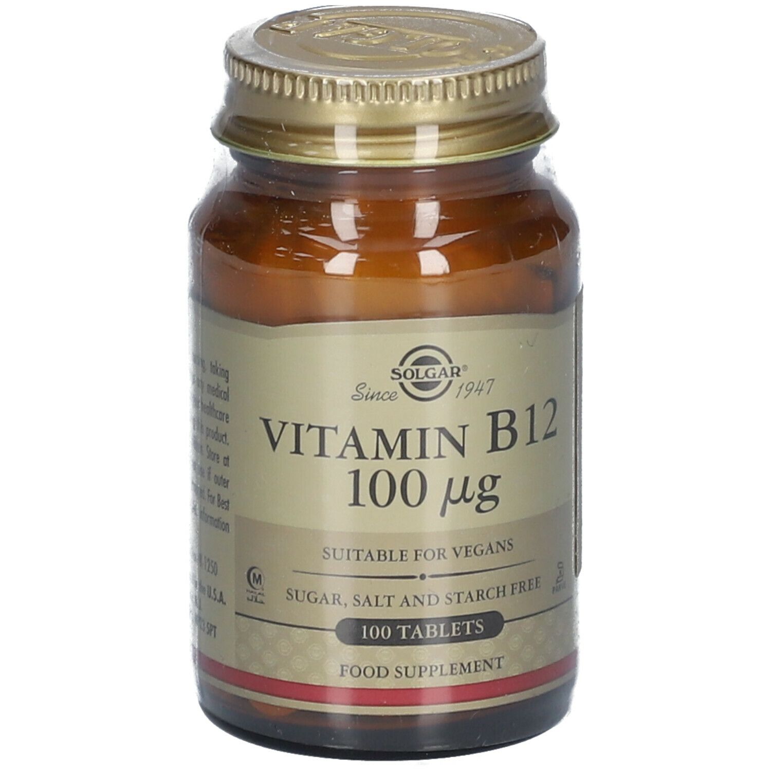 Flacon en verre brun avec couvercle doré. Étiquette SOLGAR, Vitamine B12 100 µg, 100 comprimés. Convient aux végétaliens.