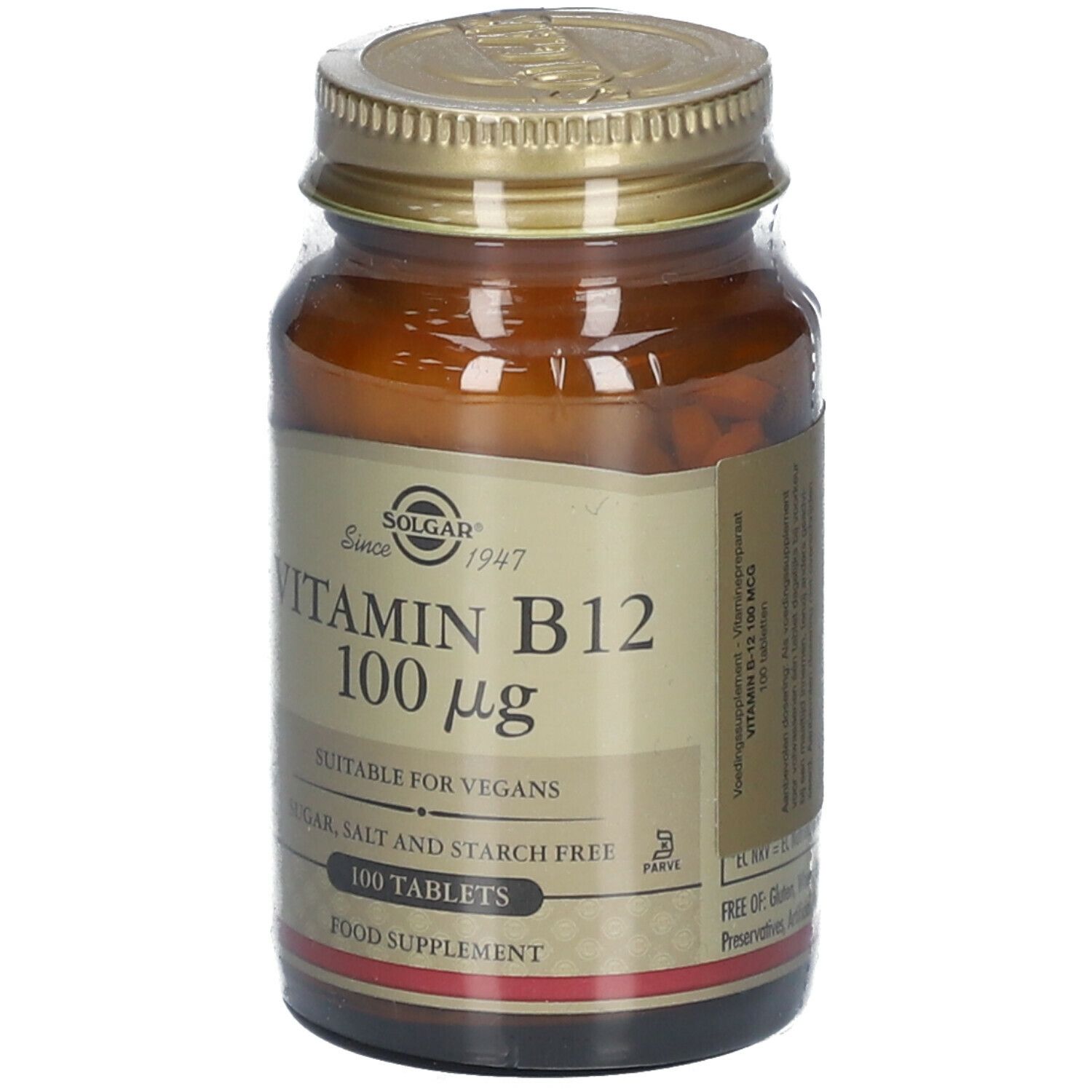 Flacon en verre brun avec couvercle doré. Étiquette SOLGAR, Vitamine B12 100 µg, 100 comprimés. Convient aux végétaliens.