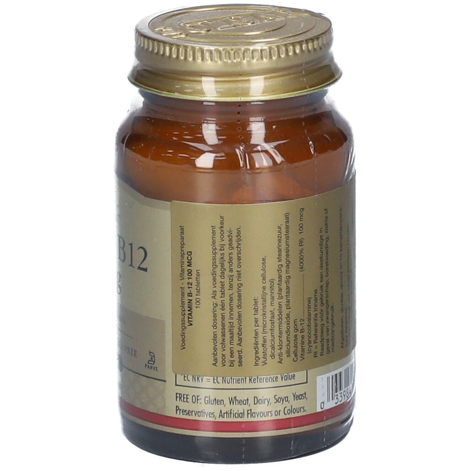 Vue arrière d'un flacon en verre brun avec couvercle doré. Étiquette avec informations sur la vitamine B12 100 µg et ingrédients.