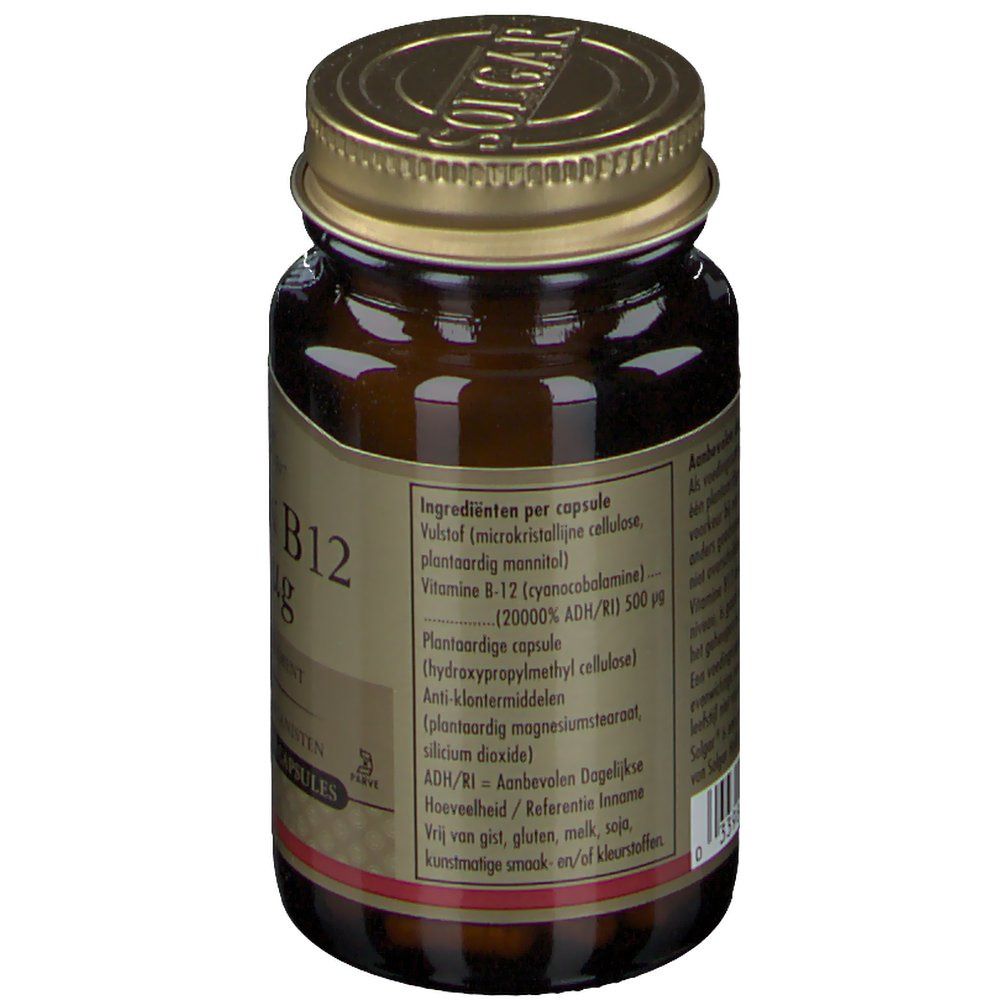 Dos du flacon. Liste des ingrédients des gélules. Contient de la vitamine B12 (Cyanocobalamine).