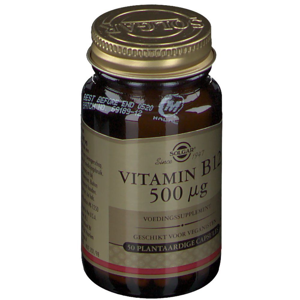 Flacon en verre brun avec bouchon doré. Inscription : Vitamine B12 500 µg. 50 gélules.
