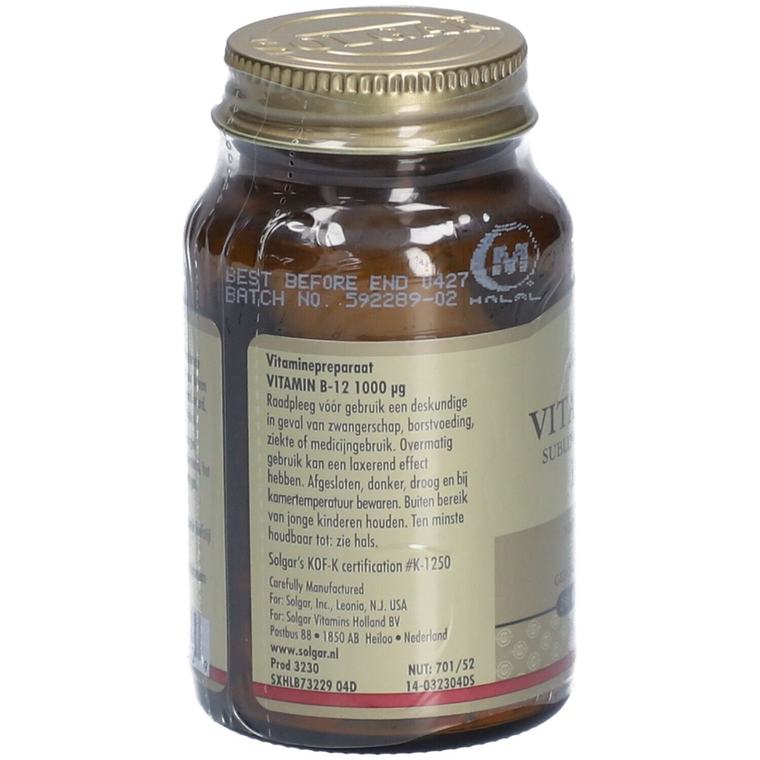 Dos du flacon en verre brun. Étiquette avec informations sur la vitamine B12, le dosage, le stockage. Avec certification Halal.