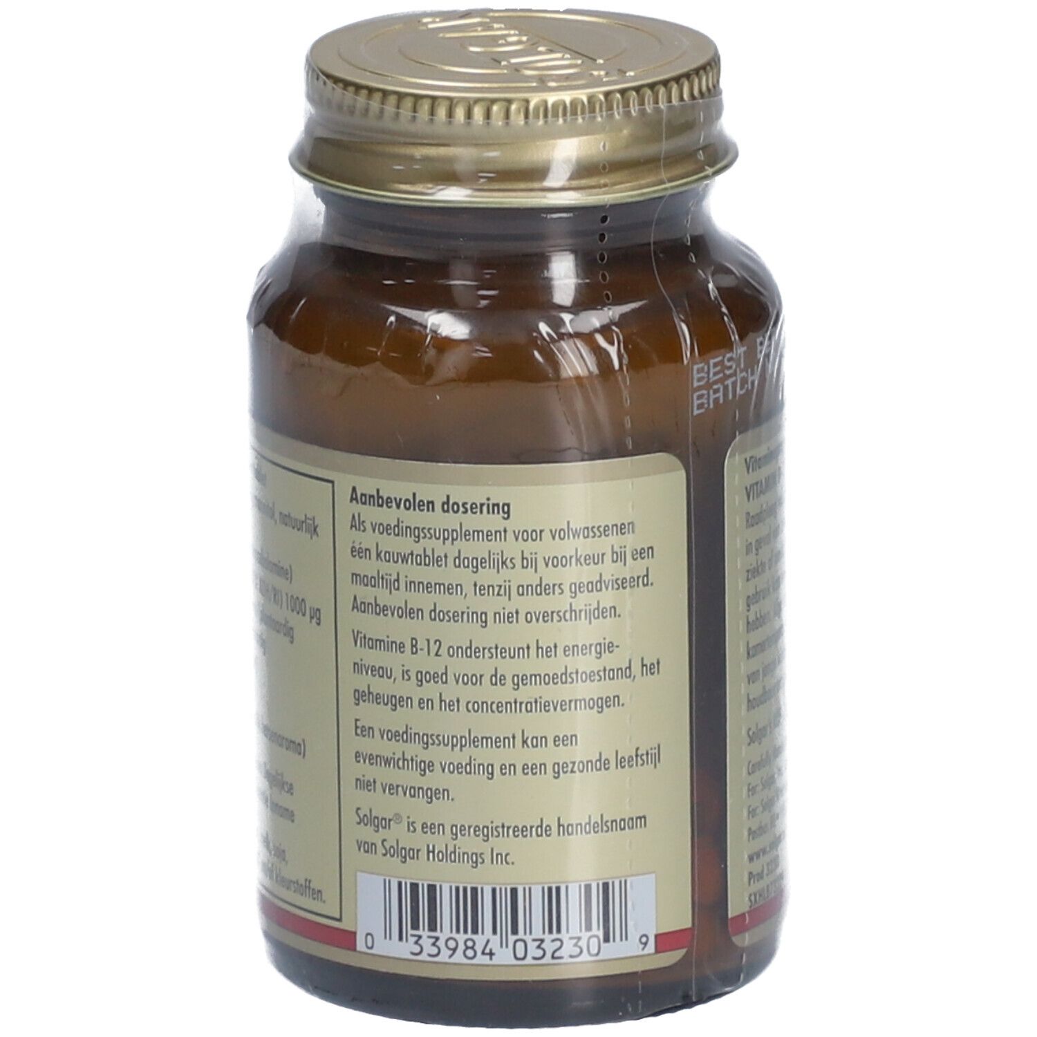 Dos du flacon en verre brun. Étiquette avec recommandation de dosage et autres informations. Avec code-barres.
