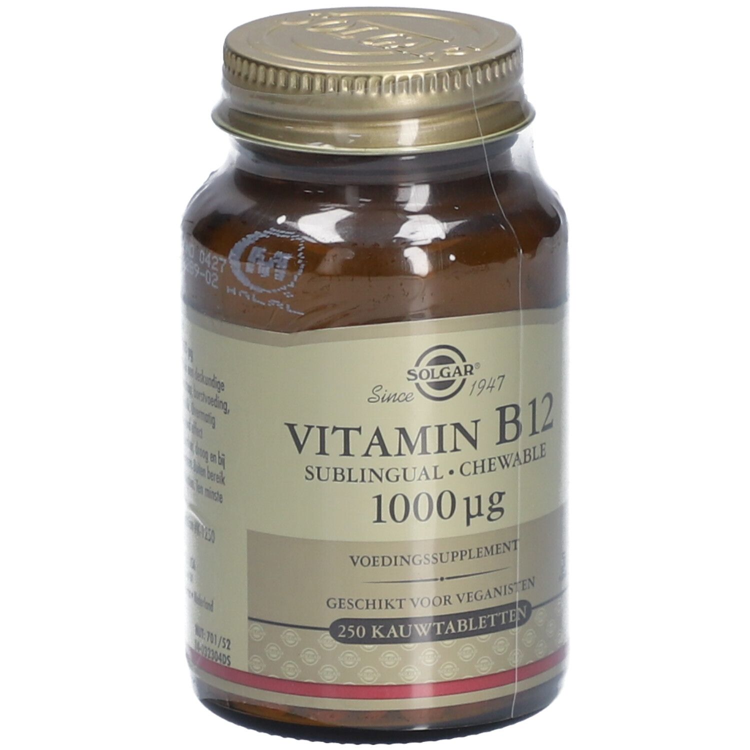 Flacon en verre brun avec bouchon à vis. Étiquette avec SOLGAR, Vitamine B12, 1000 µg, 250 comprimés à croquer. Certifié Halal.