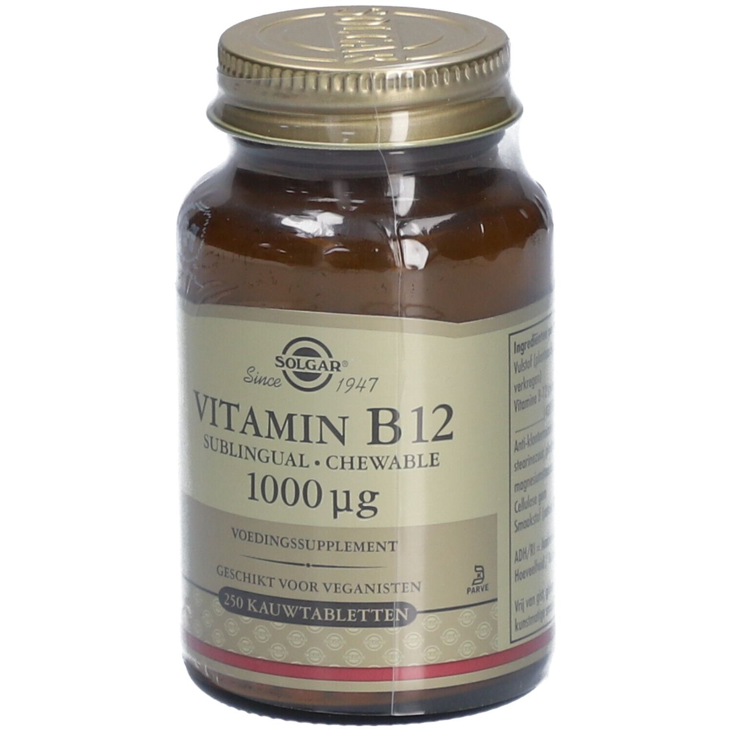 Flacon en verre brun avec bouchon à vis. Étiquette avec SOLGAR, Vitamine B12, 1000 µg, 250 comprimés à croquer. Végétalien.