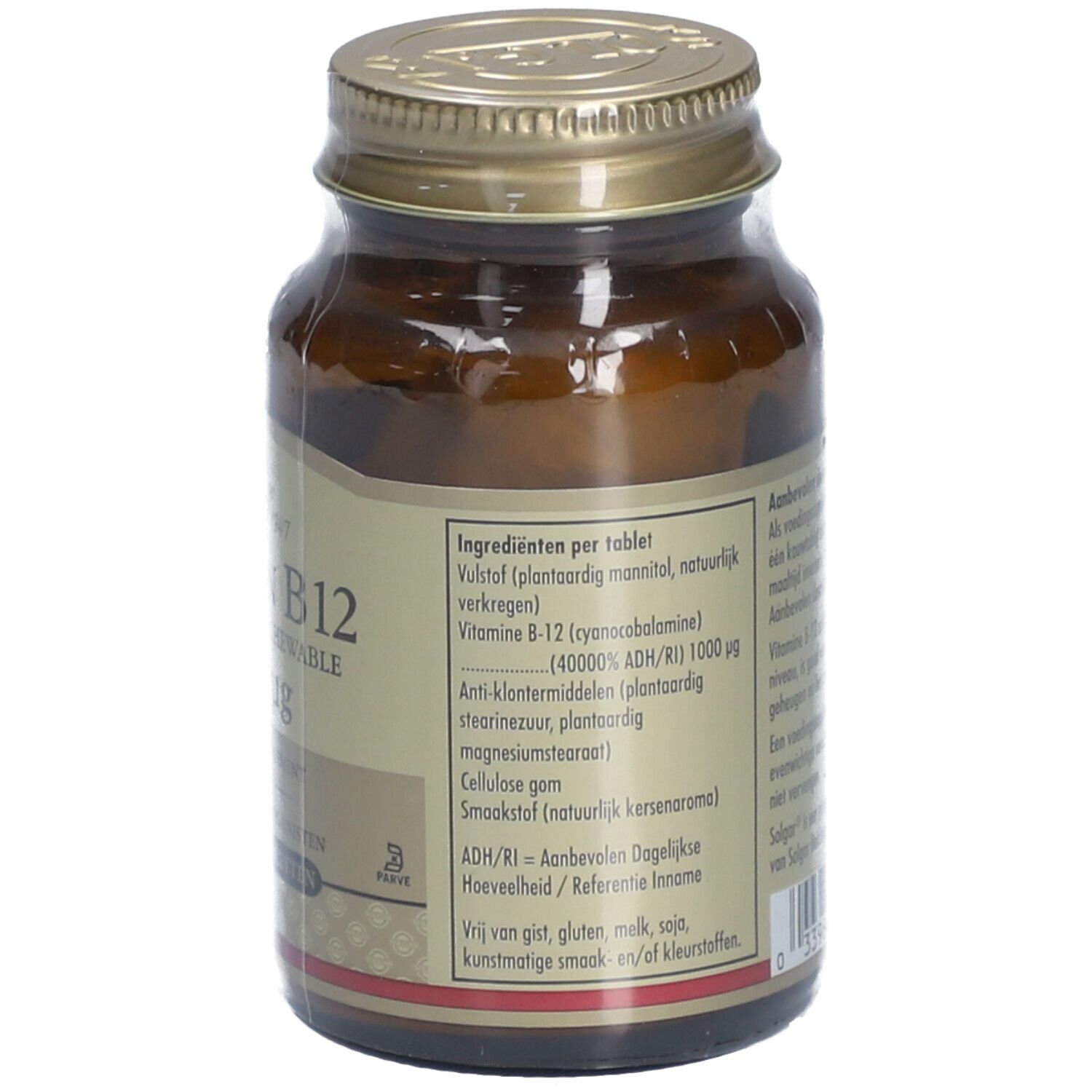 Dos du flacon en verre brun. Étiquette avec ingrédients par comprimé, dont vitamine B12. Avec indication de l'AJR/RI.