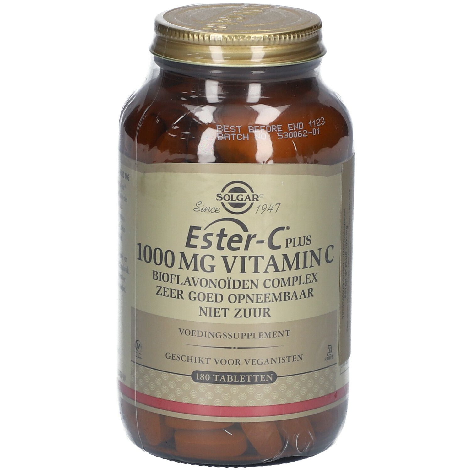 Flacon en verre brun avec bouchon doré. Étiquette avec informations produit: Ester-C Plus 1000 mg Vitamine C.